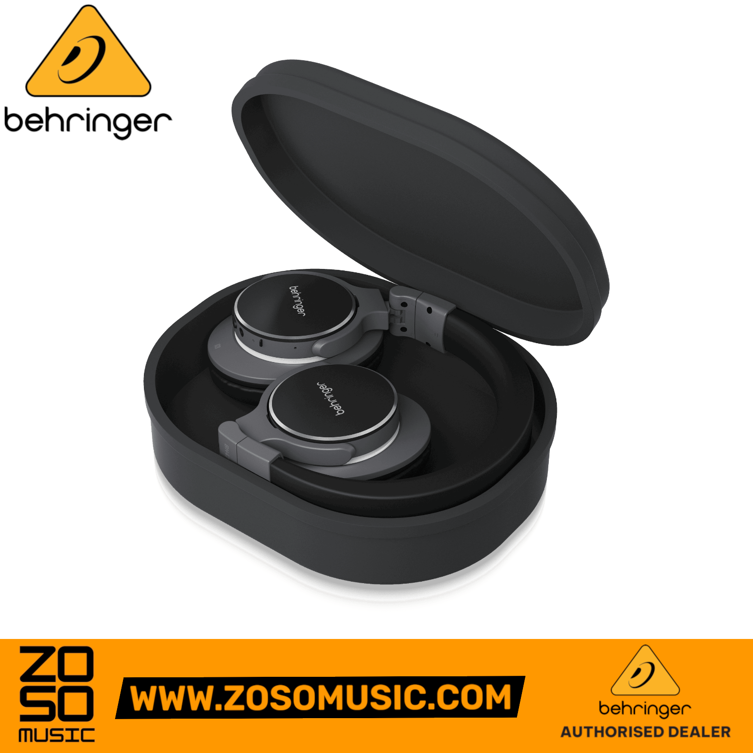 Zoso Music Behringer BH470NC black closed-back noise-canceling headphones folded inside their protective carry case