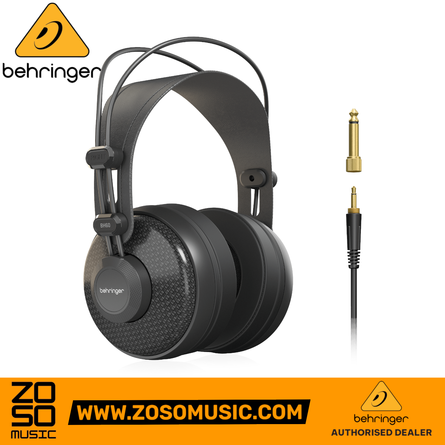 Zoso Music Behringer BH60 closed-back studio headphones with 51mm drivers, black finish, and gold-plated adapter.