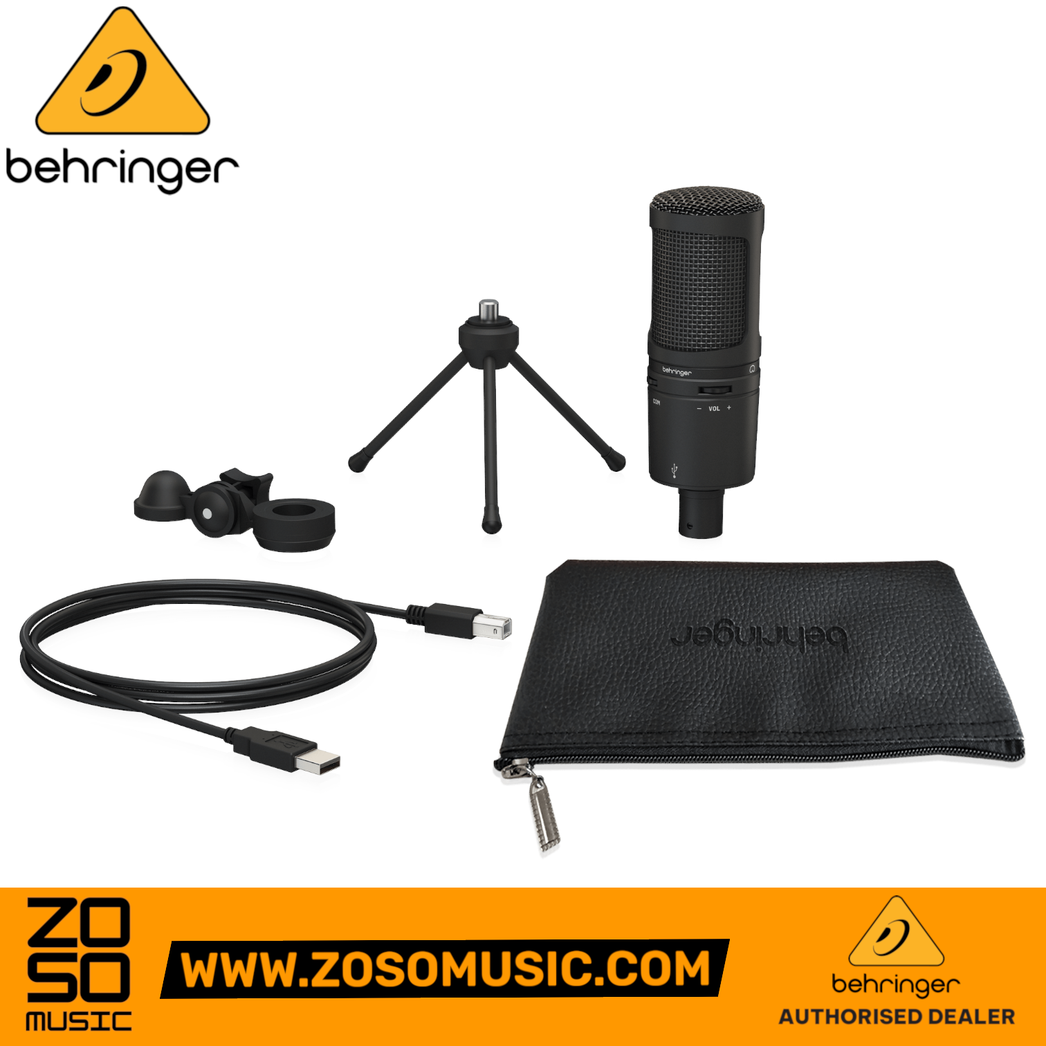 Zoso Music Behringer BM1-U USB condenser microphone kit with desktop stand, USB cable, and protective zipper pouch.