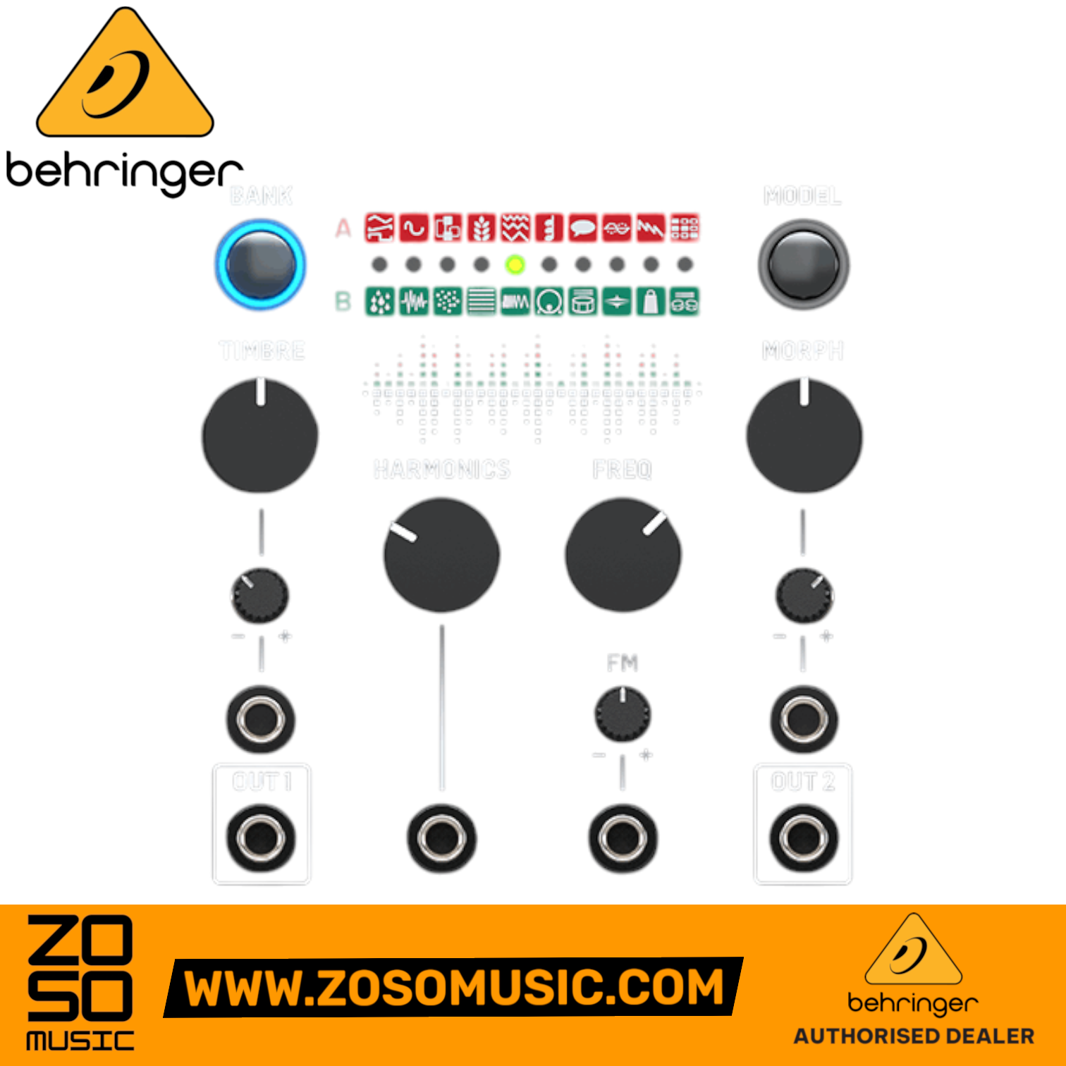 Zoso Music Behringer Brains Eurorack module featuring 20 synthesis engines, OLED display, and multiple control knobs.