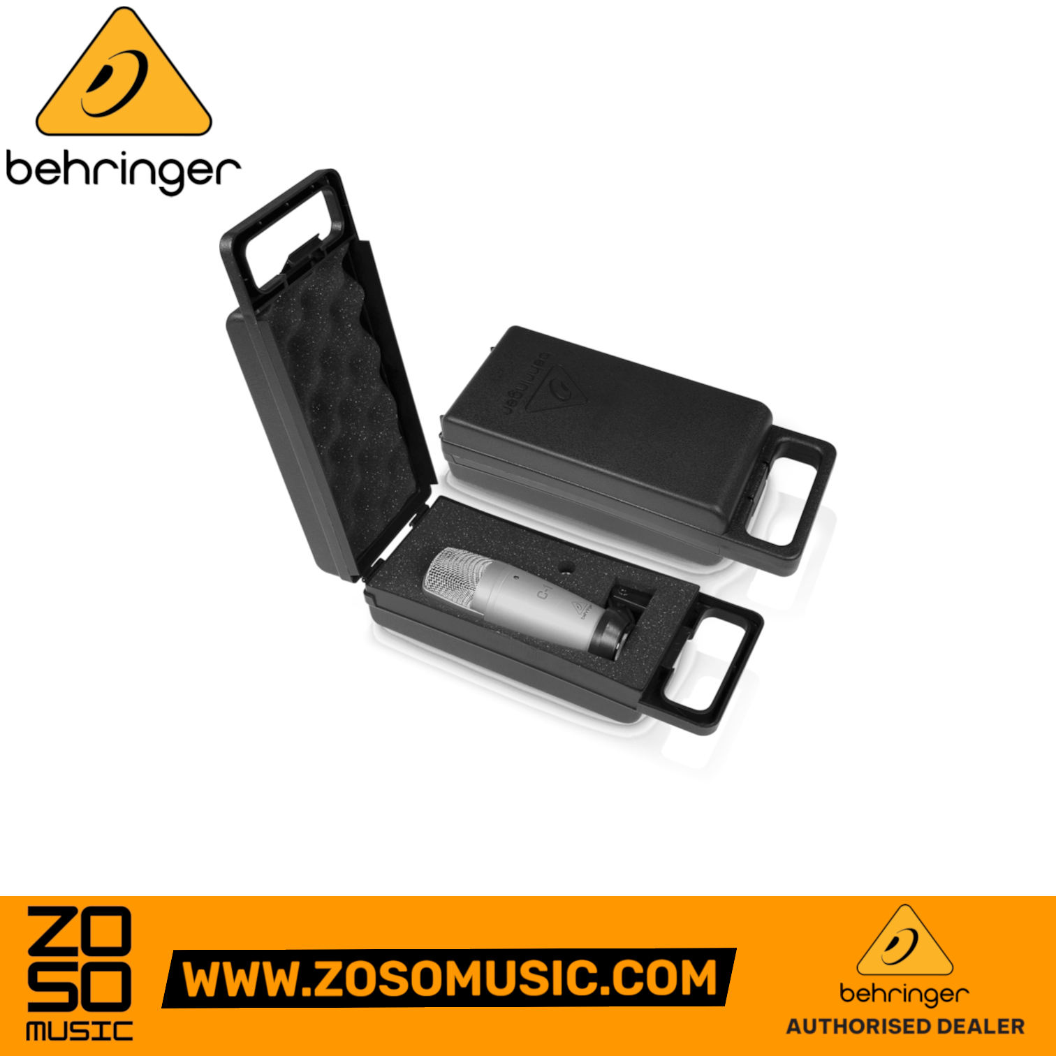 Zoso Music Behringer C-1 studio condenser microphone inside its protective foam-lined carrying case