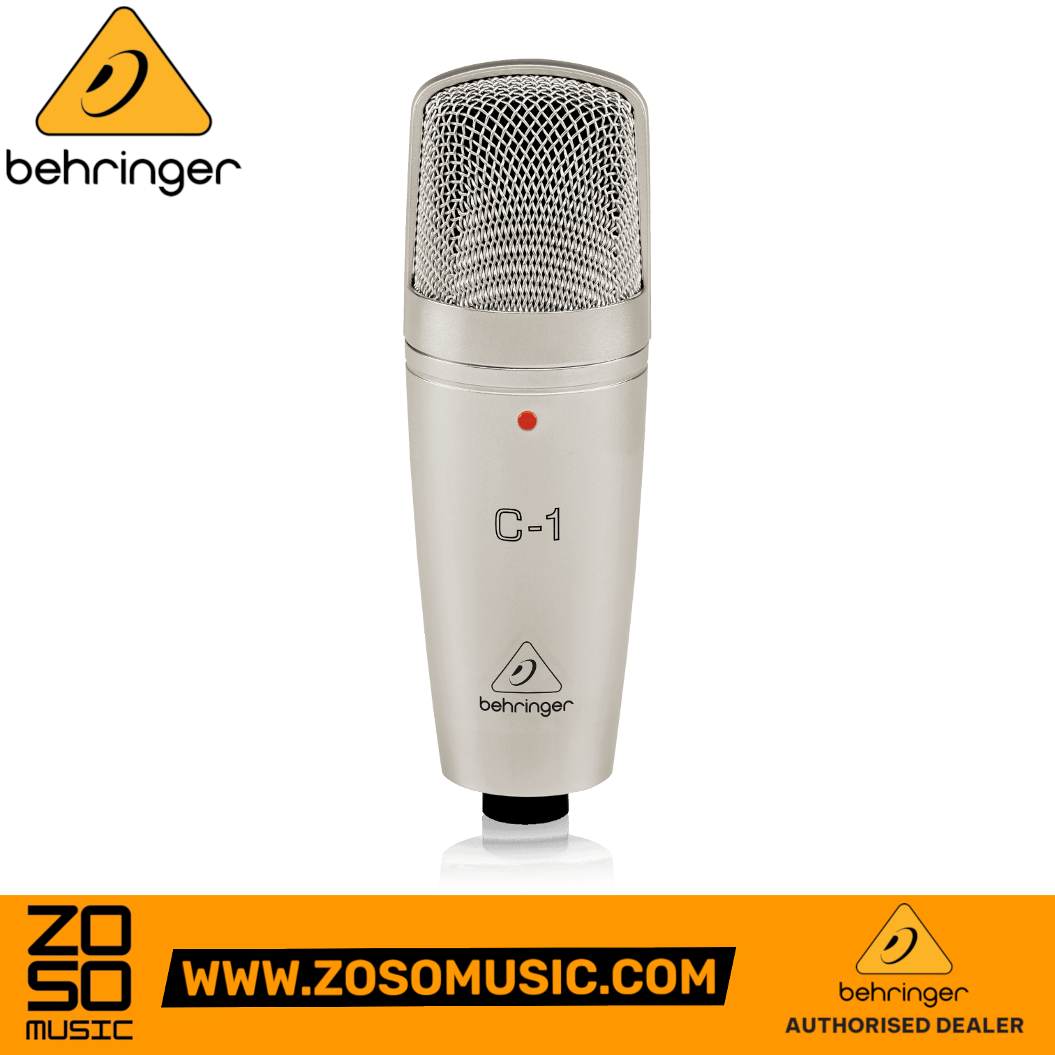 Zoso Music Behringer C-1 studio condenser microphone with silver die-cast metal body and red phantom power LED