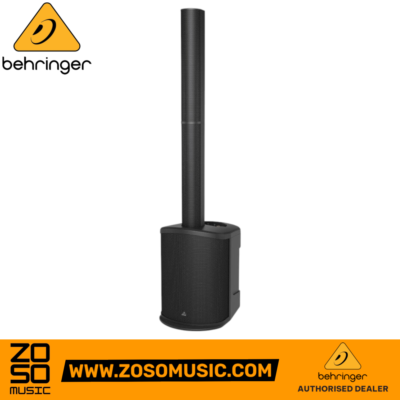 Zoso Music Behringer C210 200-watt powered column PA system with an 8-inch subwoofer and vertical speaker array.