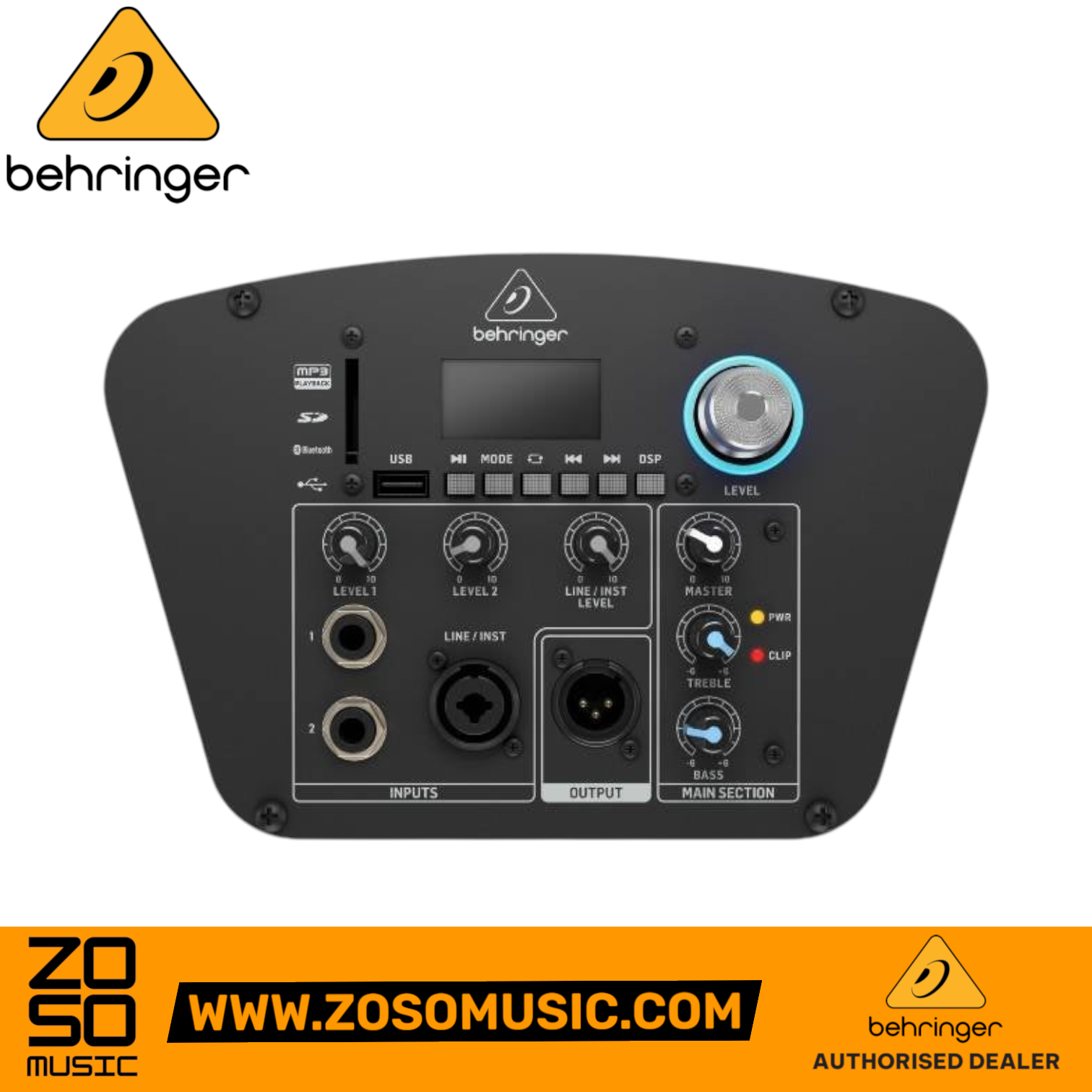 Zoso Music Behringer C210 powered column loudspeaker control panel with mixer, Bluetooth, and LCD display.