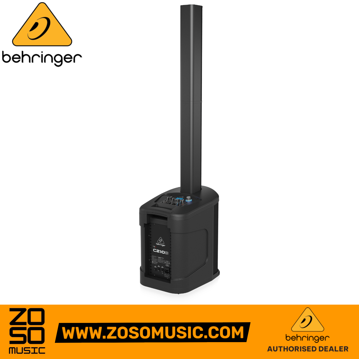 Zoso Music Behringer C210B portable 160W active column PA speaker with integrated battery and LED lighting.