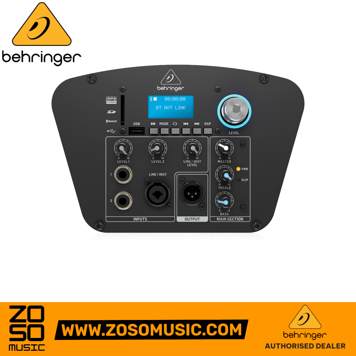 Zoso Music Behringer C210B portable PA system control panel with LCD screen, mixer inputs, and Bluetooth controls.