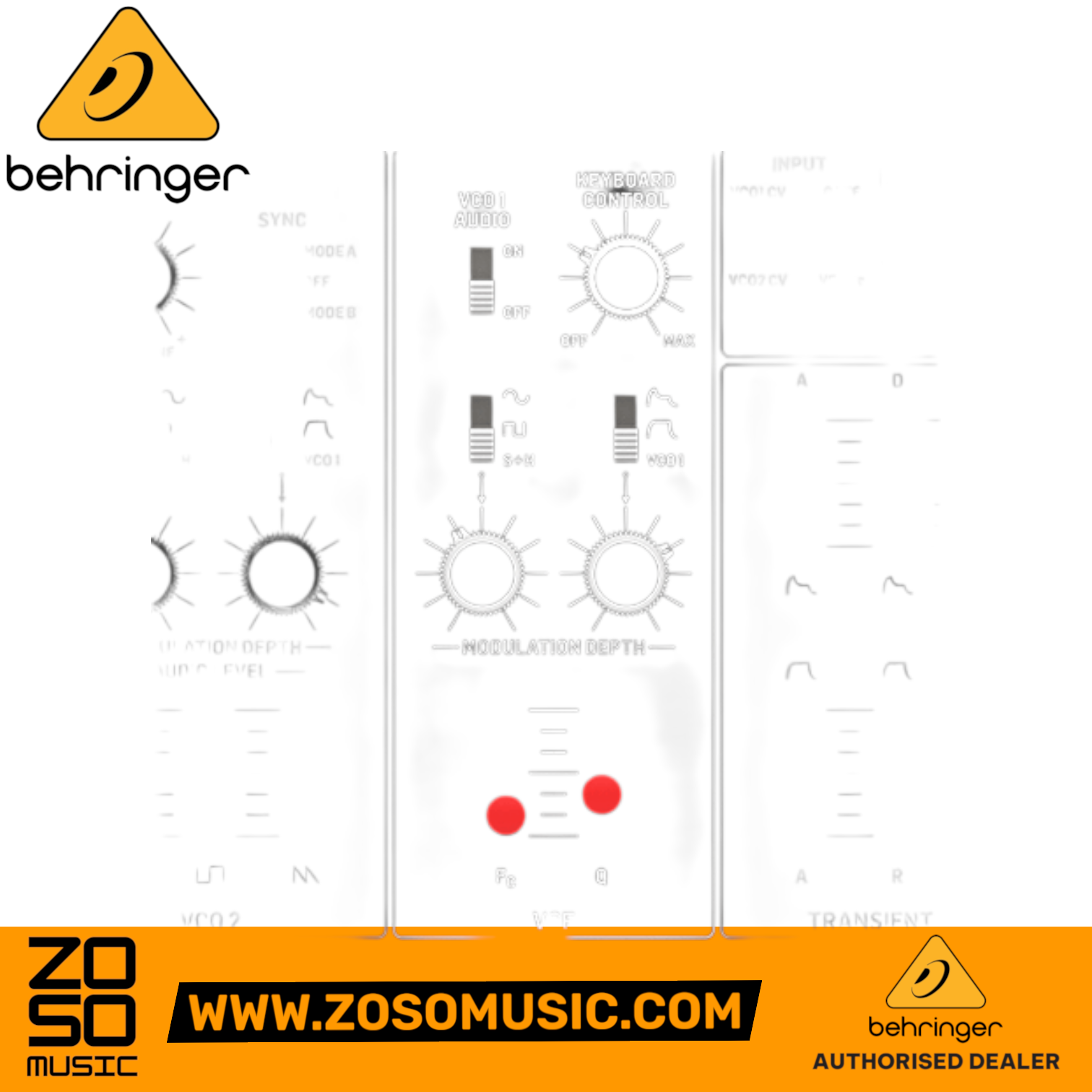 Zoso Music Behringer CAT desktop duophonic analog synthesizer module with detailed control knobs and sliders