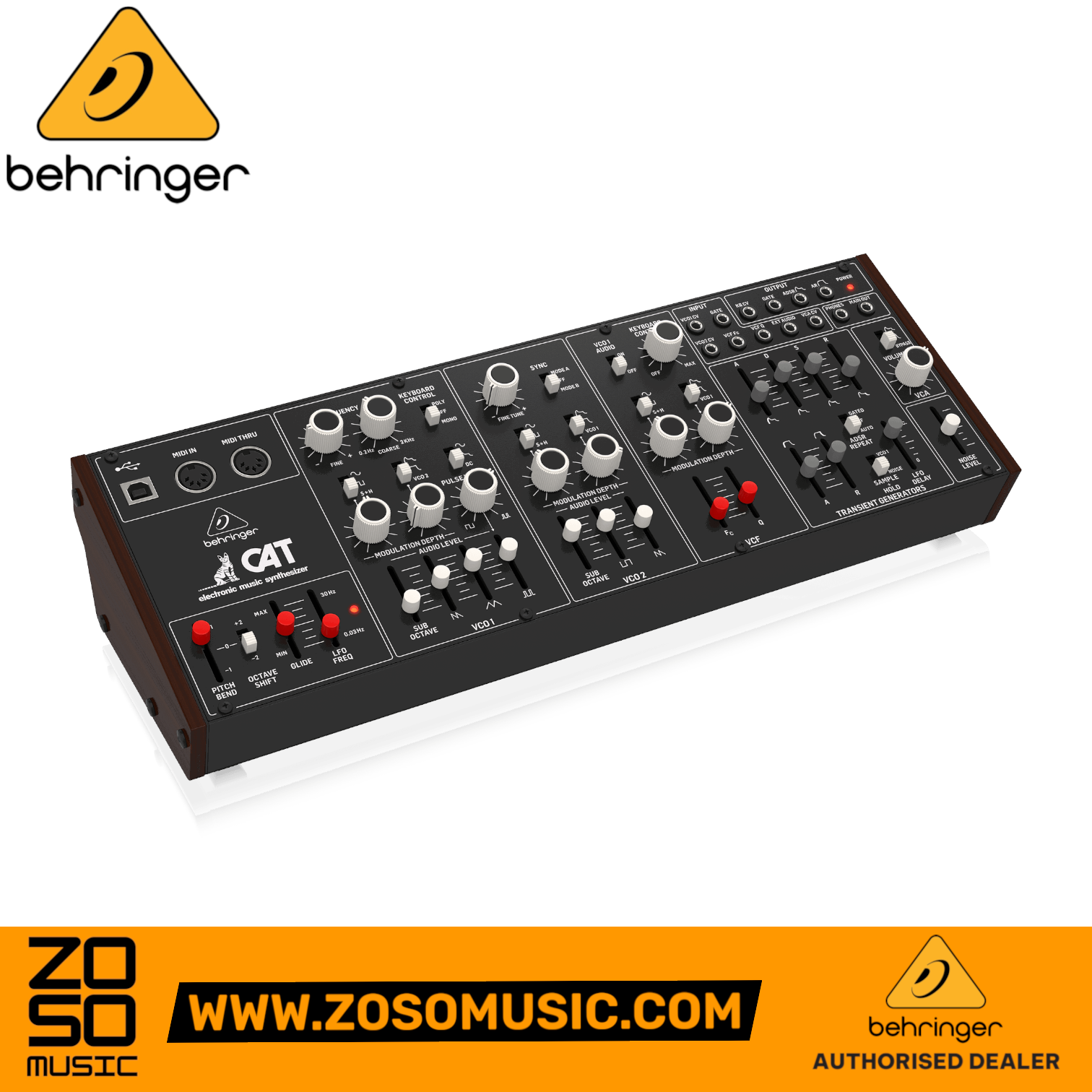 Zoso Music Behringer CAT desktop duophonic analog synthesizer module with black control panel and wooden side panels