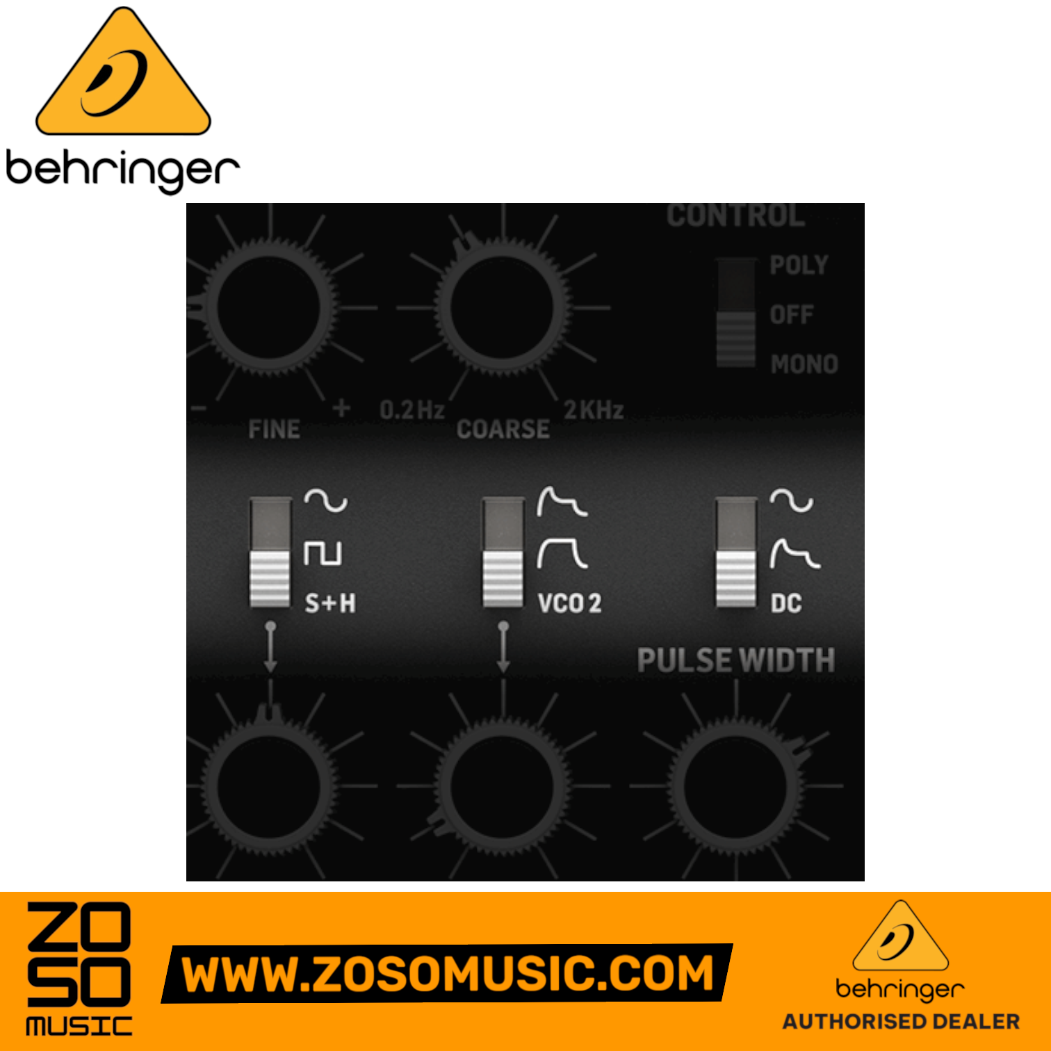 Zoso Music Behringer CAT analog synthesizer module close-up of oscillator controls, sliders, and knobs.