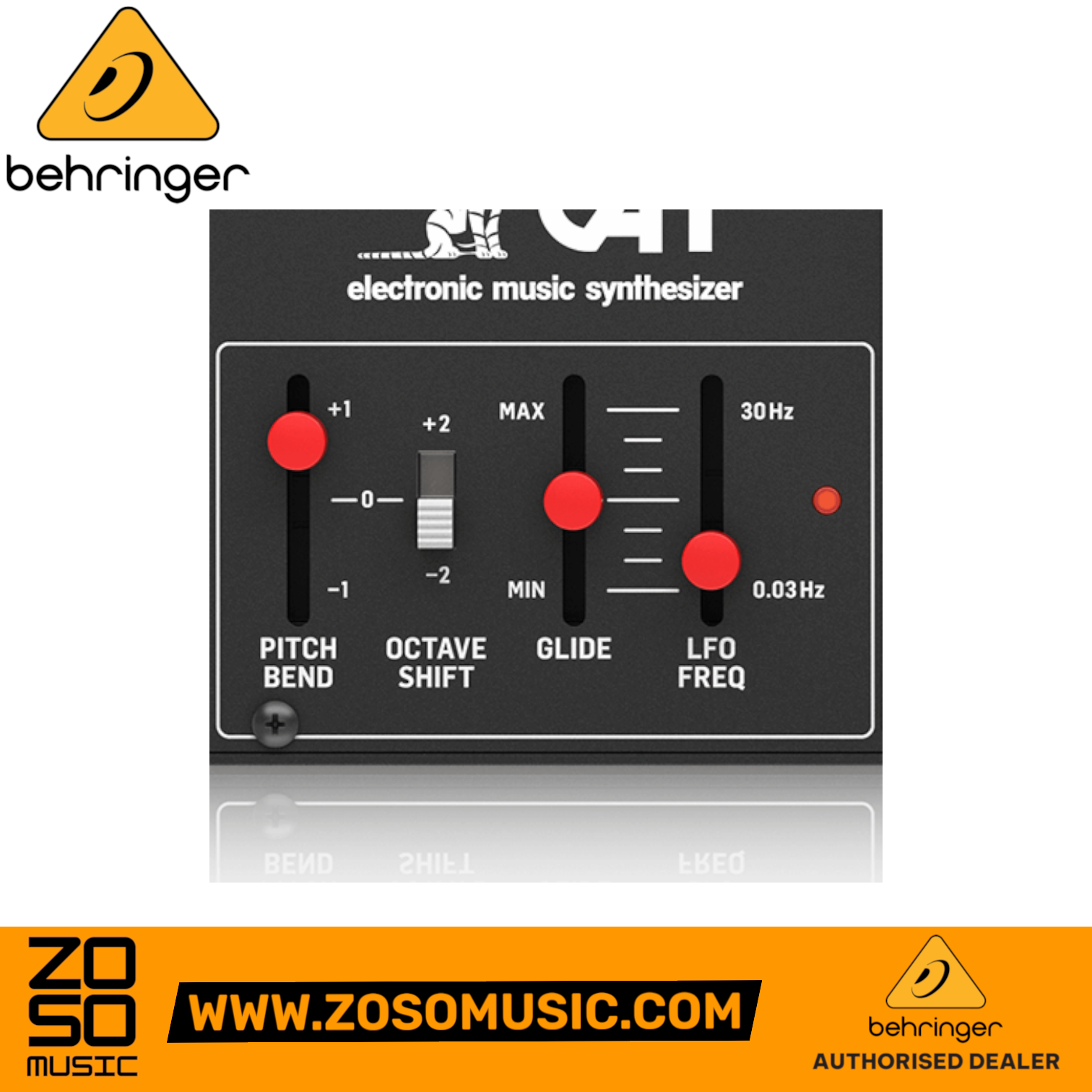 Zoso Music Behringer CAT analog synthesizer module control panel with pitch bend, octave shift, glide, and LFO sliders
