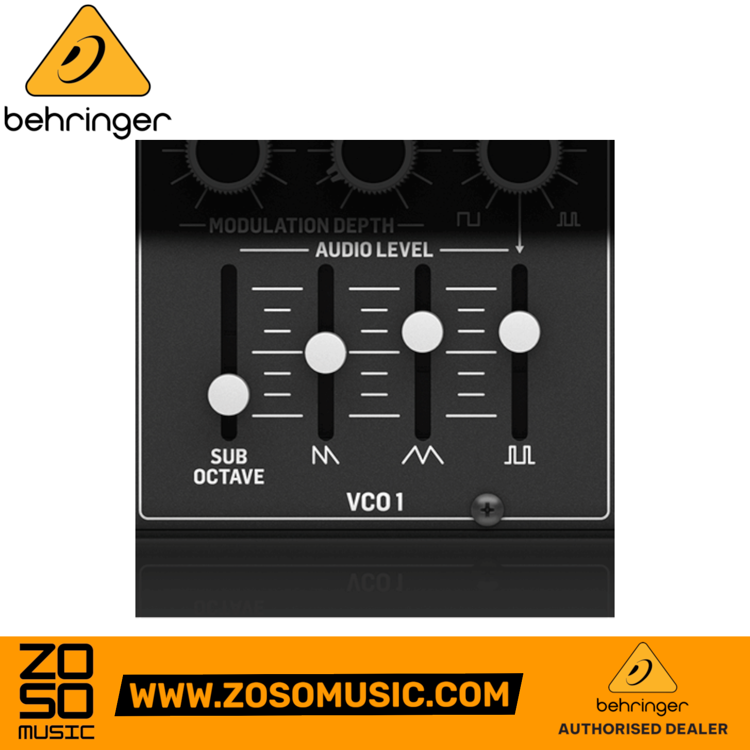 Zoso Music Behringer CAT analog synthesizer module showing the VCO1 audio level sliders and waveshape controls