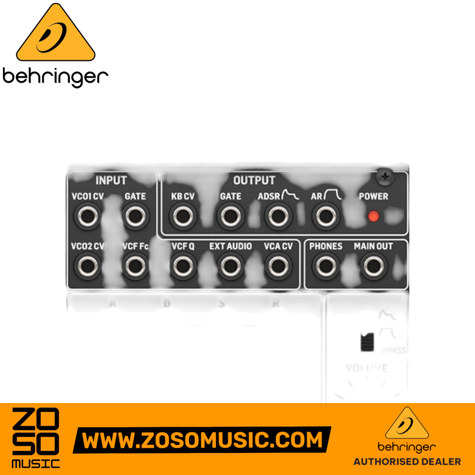 Zoso Music Behringer CAT analog synthesizer module rear panel showing various CV, gate, and audio input output jacks