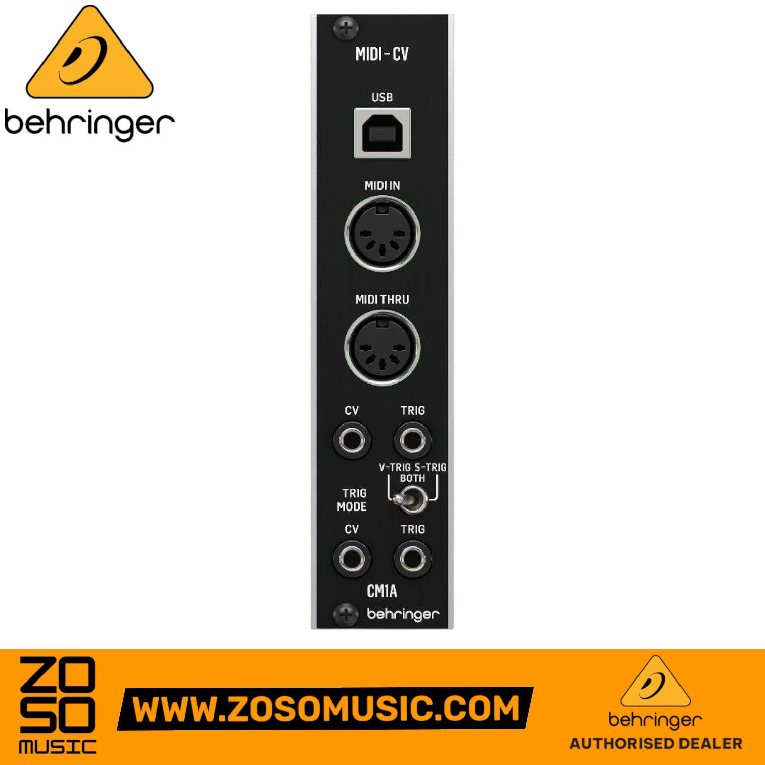 Zoso Music Behringer CM1A Eurorack MIDI to CV converter module with USB, MIDI ports, and trigger mode switch.