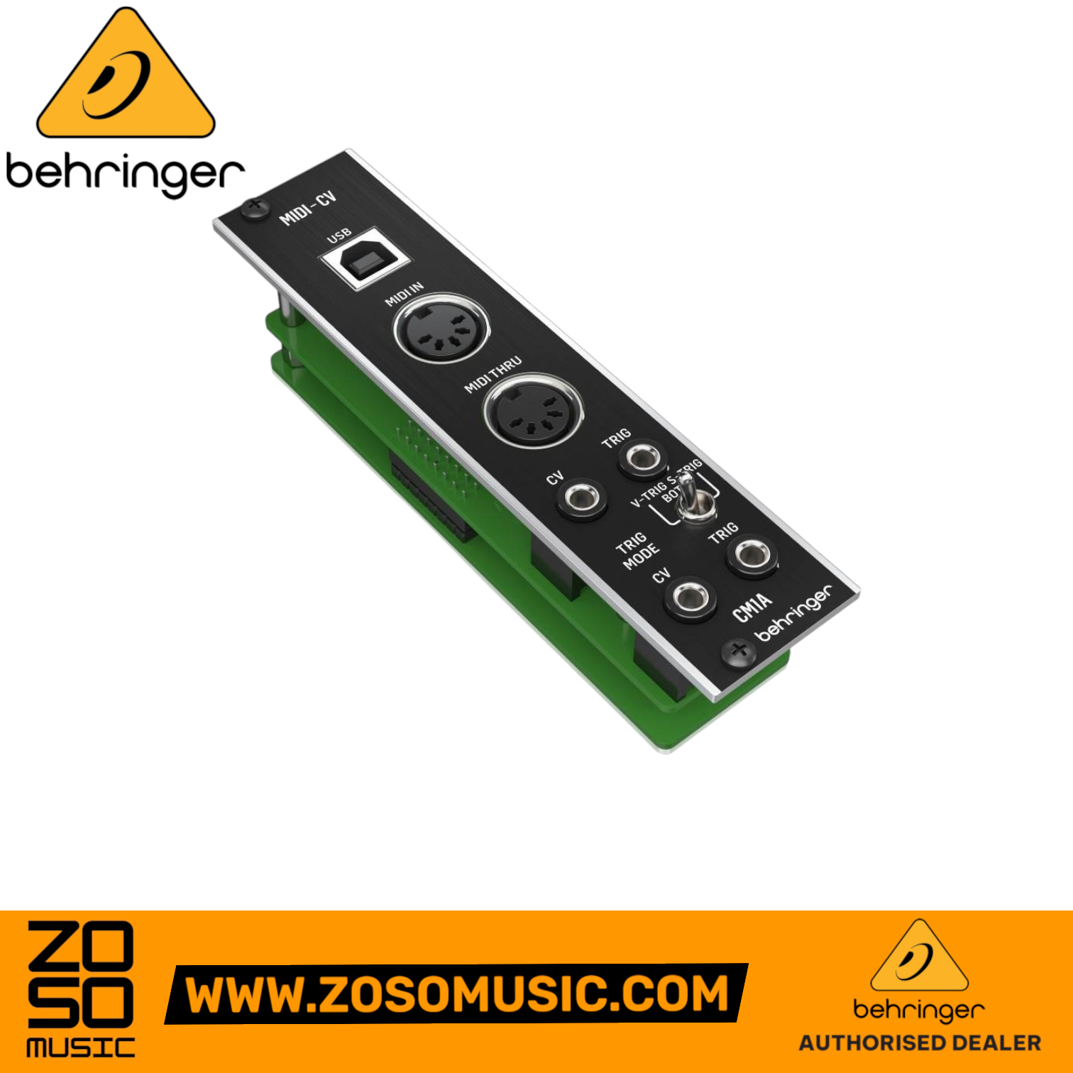 Zoso Music Behringer CM1A MIDI to CV Eurorack module with USB and DIN ports on a black faceplate.
