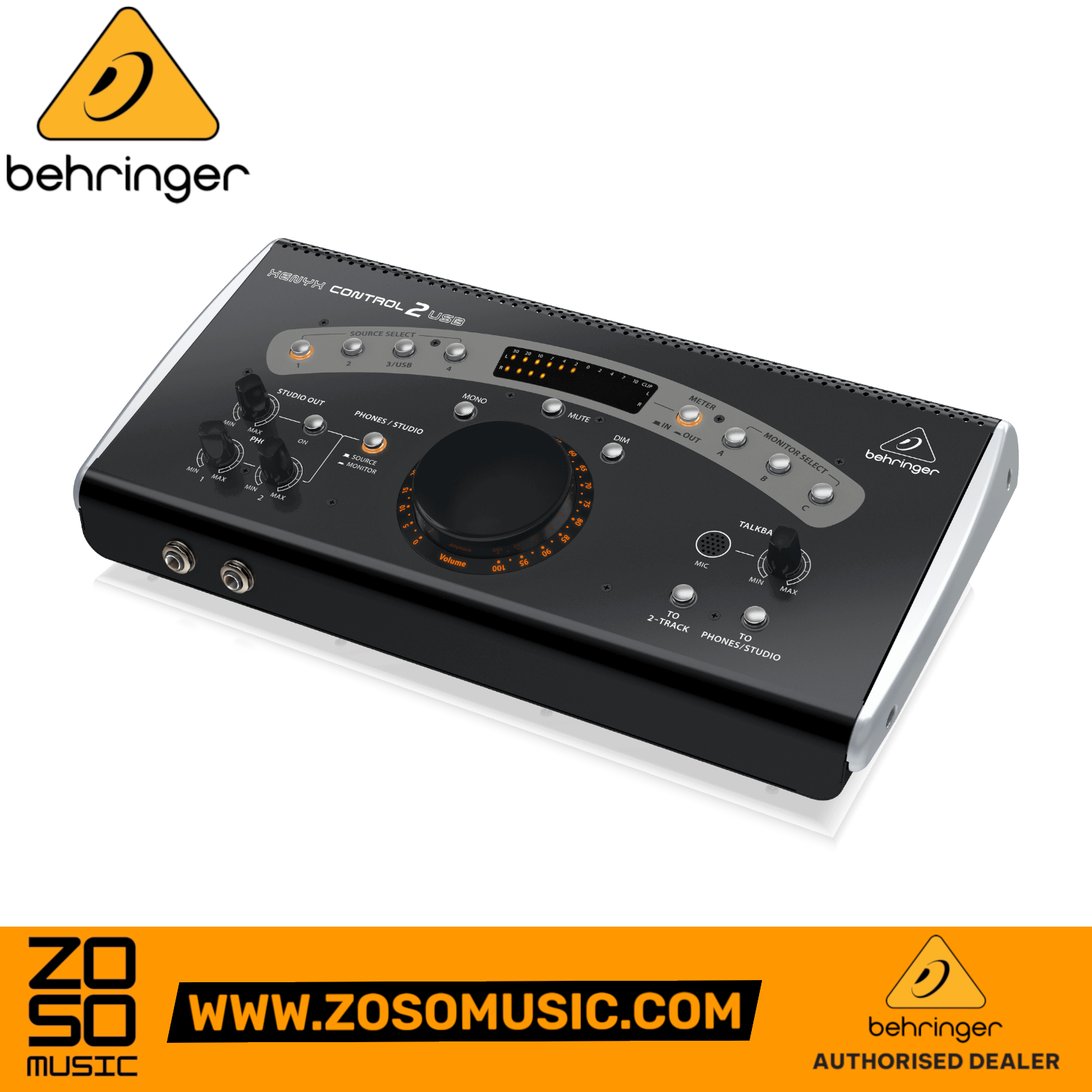 Zoso Music Behringer CONTROL2USB studio monitor controller with VCA volume knob, source selection, and LED meters.