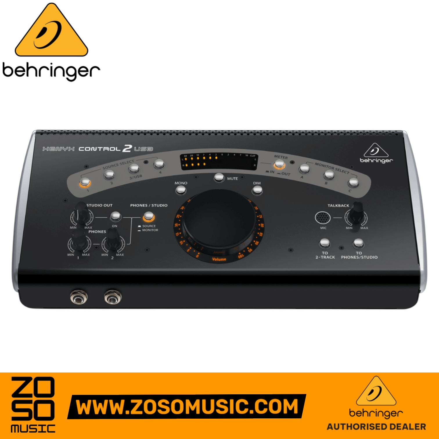 Zoso Music Behringer CONTROL2USB studio monitor controller with VCA volume knob, LED meters, and talkback controls.