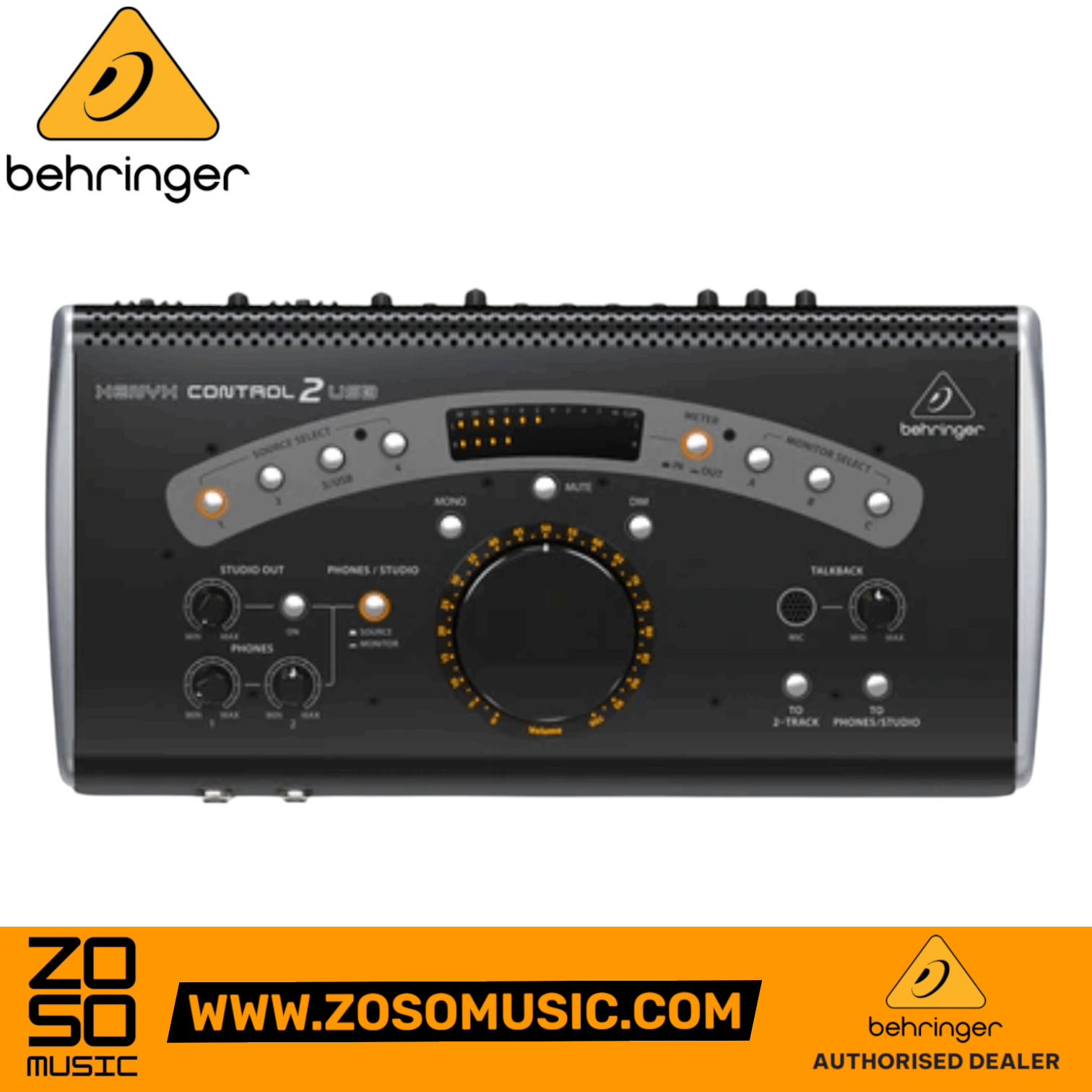Zoso Music Behringer CONTROL2USB studio monitor controller with large volume knob, LED meters, and talkback controls.