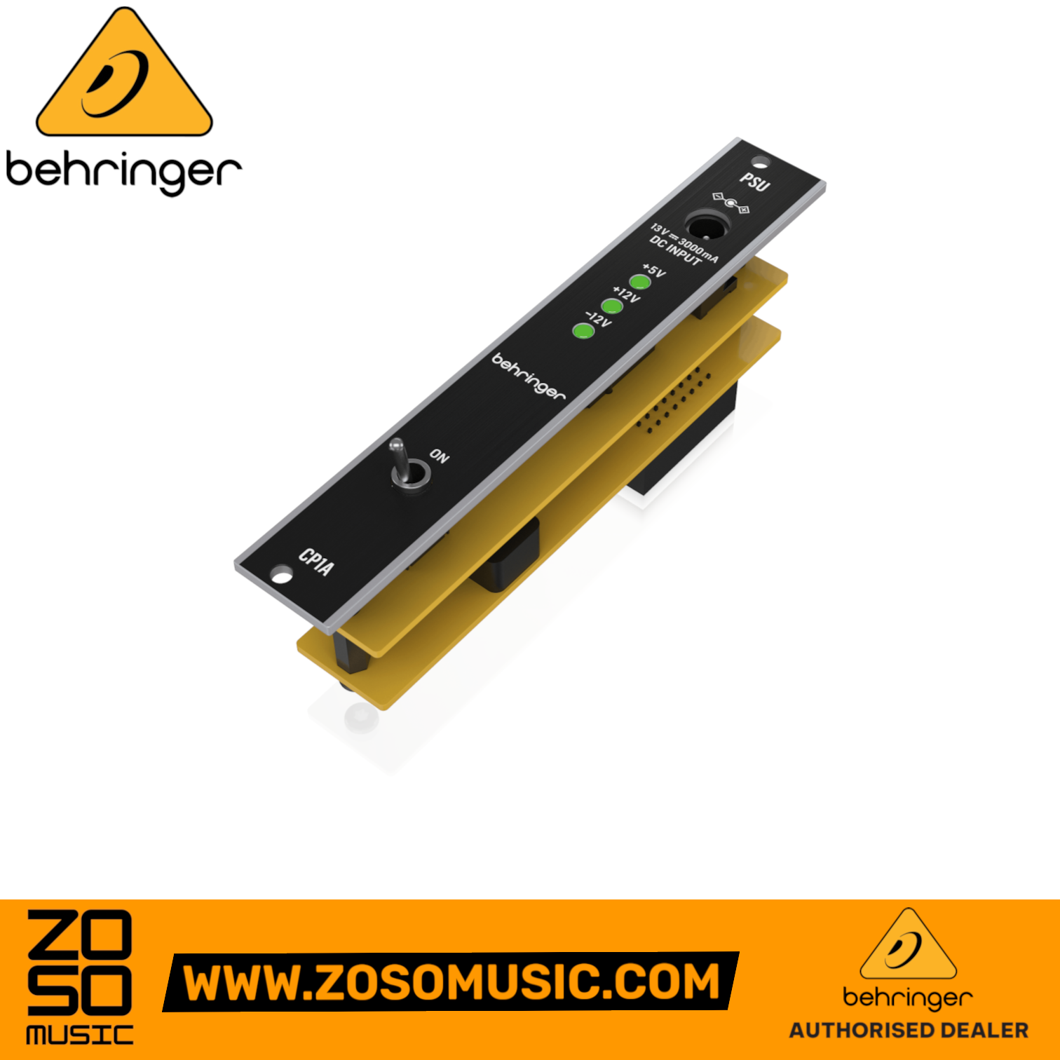 Zoso Music Behringer CP1A Eurorack power supply module with black front panel, toggle switch, and LED indicators