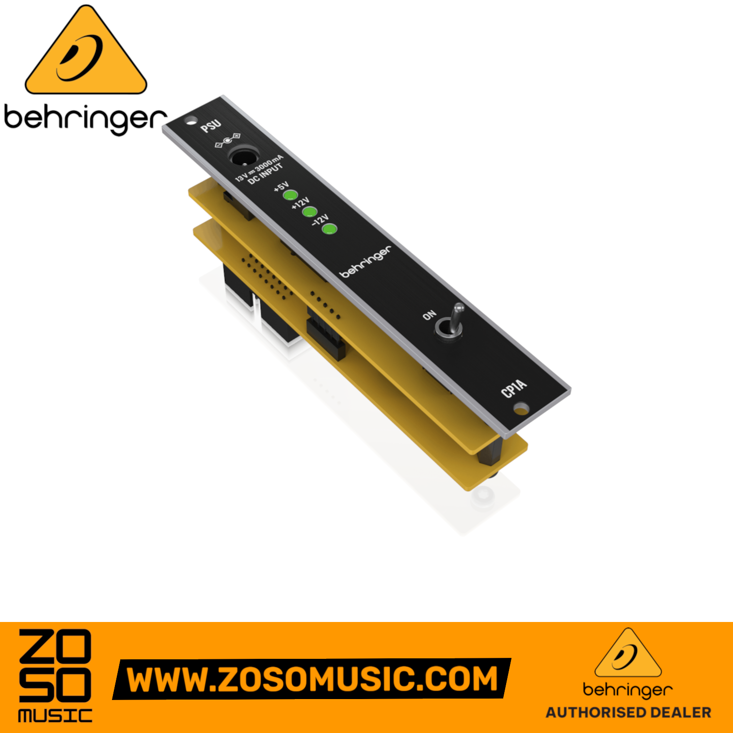 Zoso Music Behringer CP1A Eurorack power supply module with black front panel, LED indicators, and toggle switch