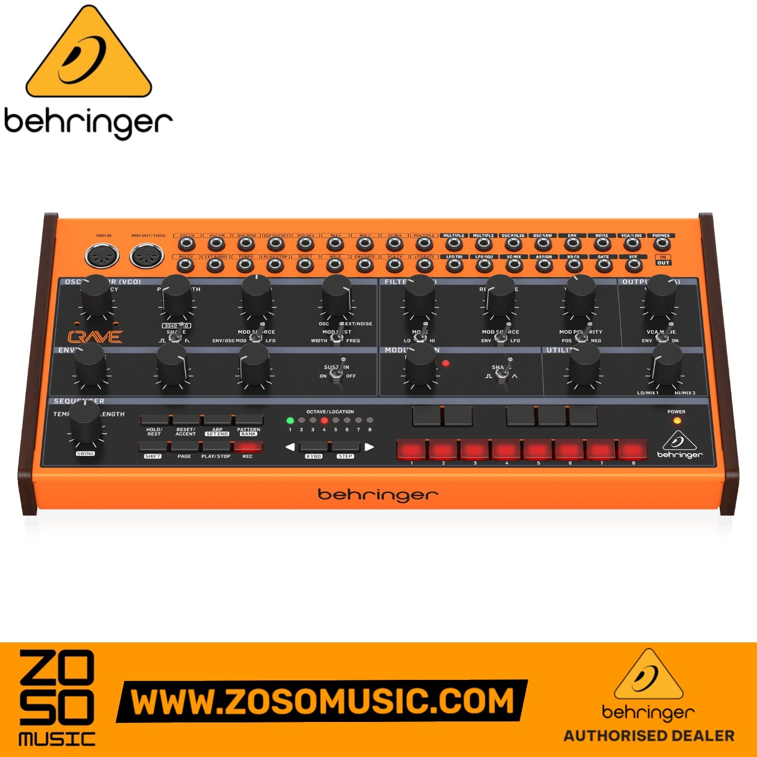 Zoso Music Behringer Crave semi-modular analog synthesizer with orange chassis, black control panel, and patch points.