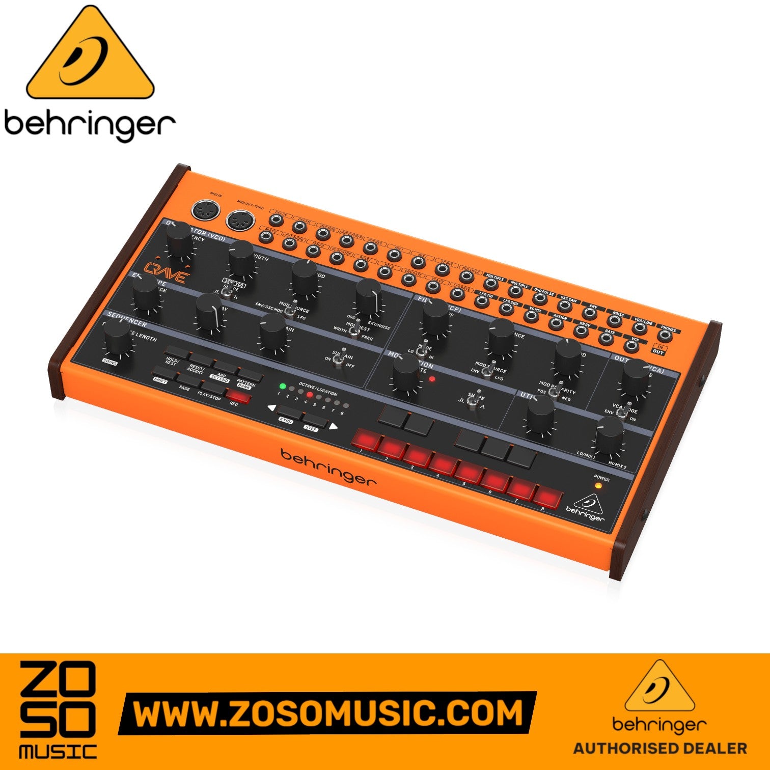 Zoso Music Behringer Crave semi-modular analog synthesizer with orange casing, black control panel, and patch matrix.