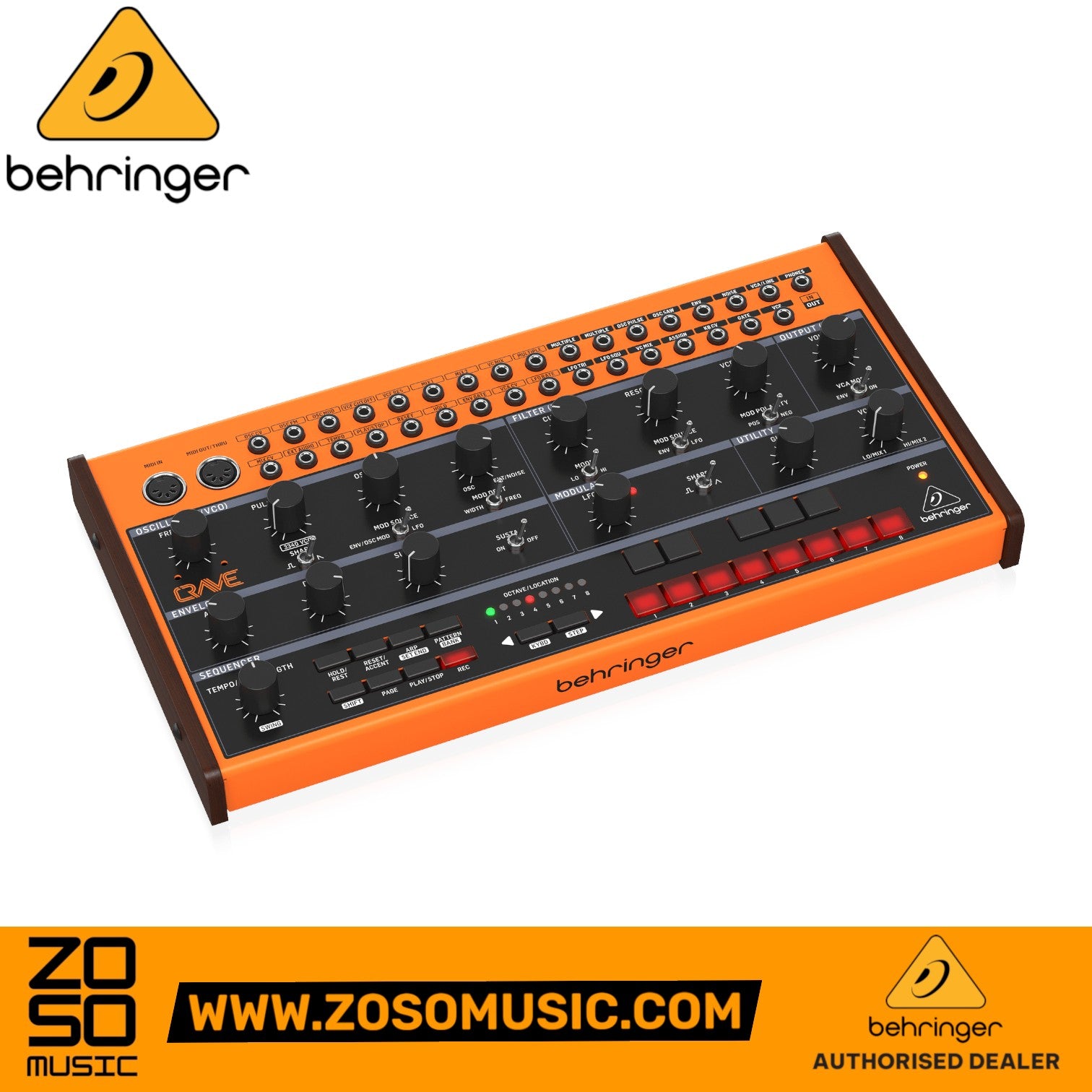 Zoso Music Behringer Crave semi-modular analog synthesizer with orange frame, black control panel, and 32-step sequencer