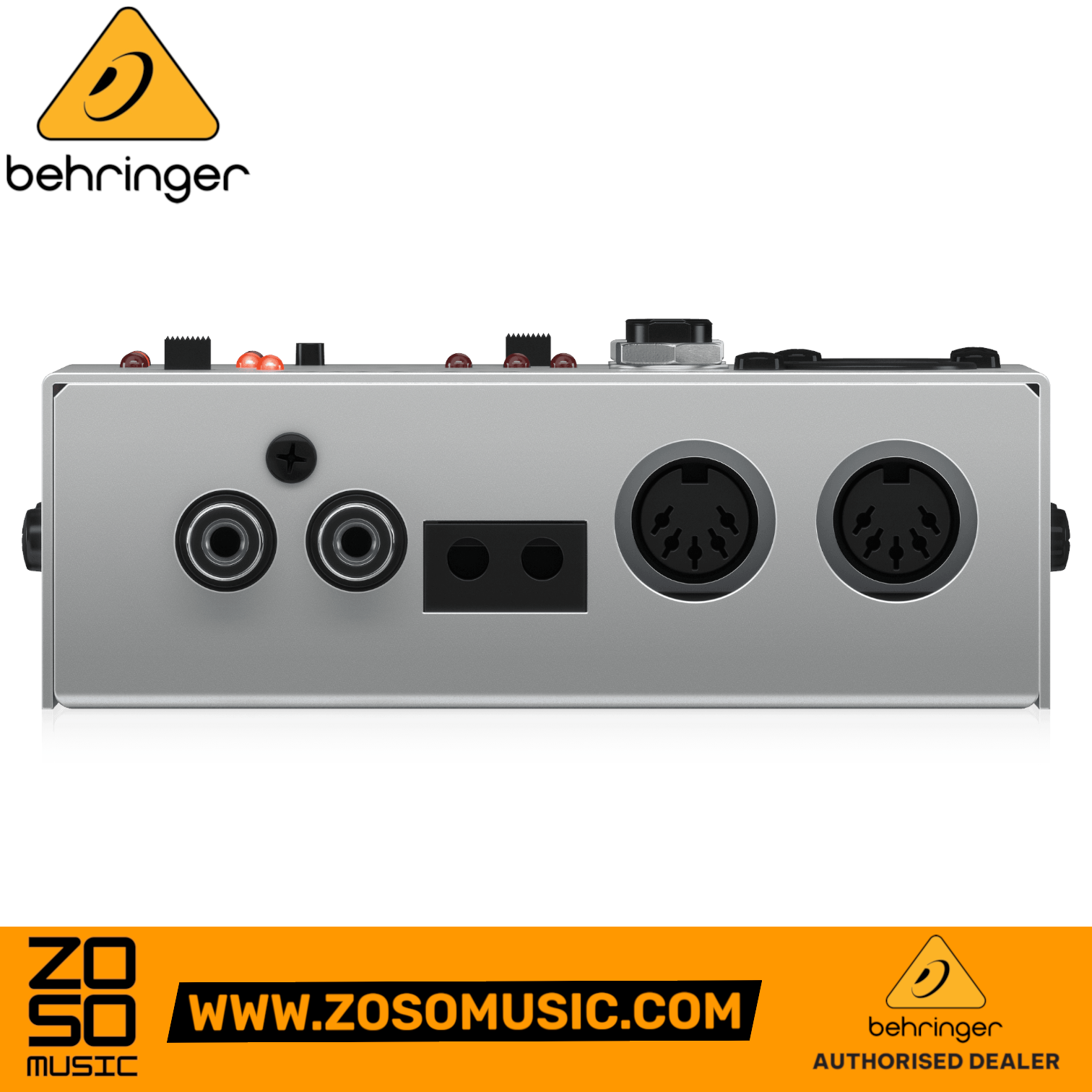 Zoso Music Behringer CT100 6-in-1 cable tester showing XLR, TRS, and MIDI input ports on a silver metal chassis.