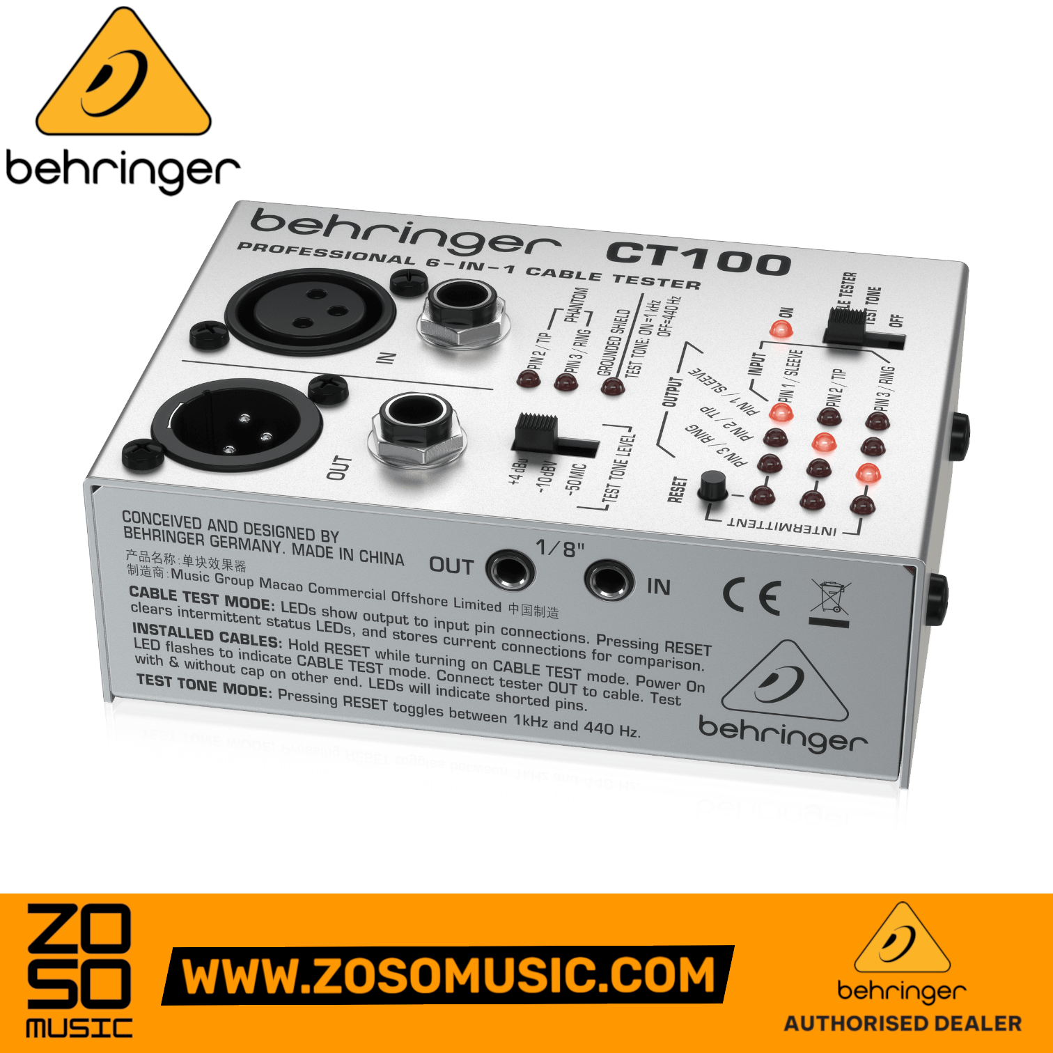 Zoso Music Behringer CT100 6-in-1 cable tester with XLR, TRS, and MIDI ports for professional audio equipment testing