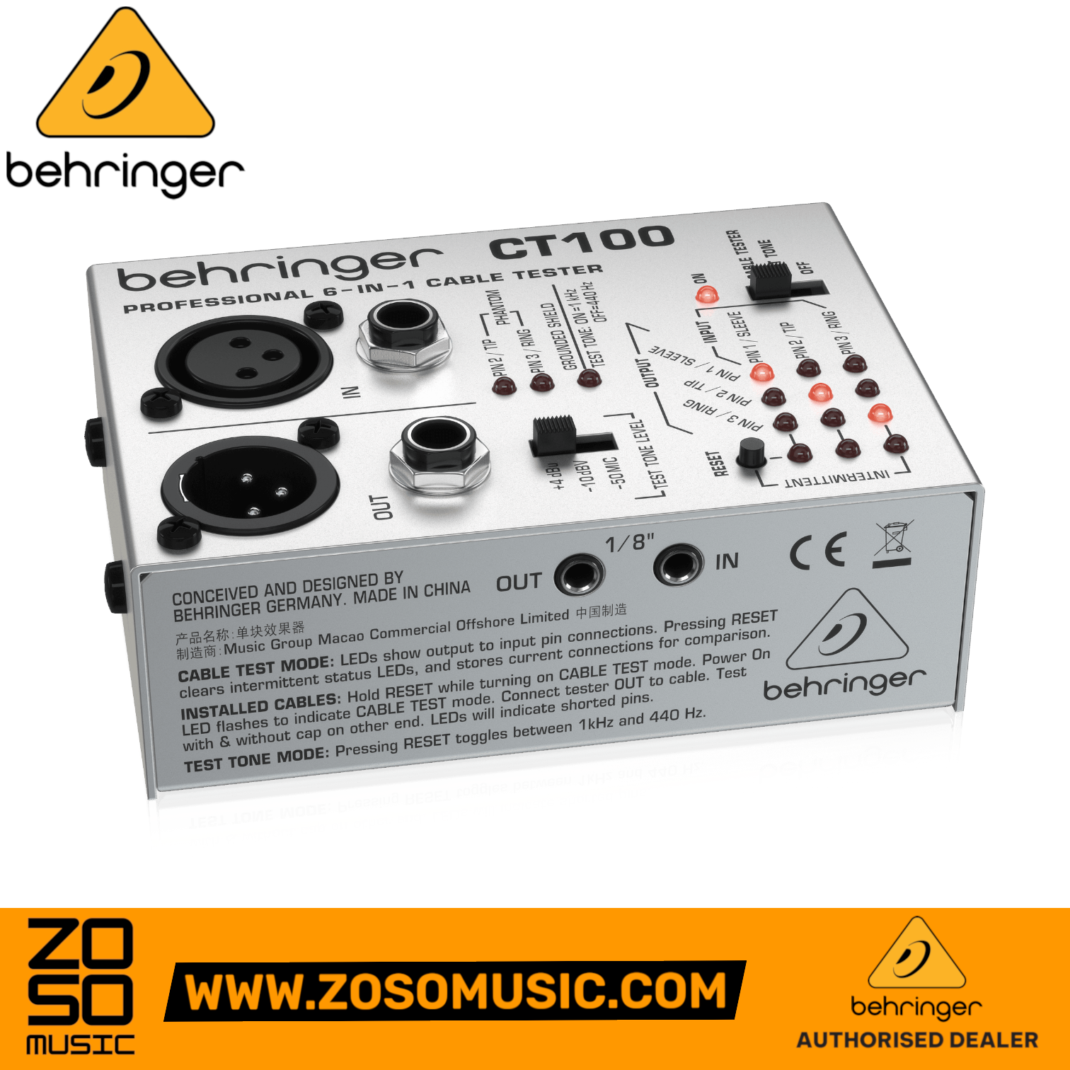 Zoso Music Behringer CT100 6-in-1 cable tester with XLR, TRS, and MIDI ports, featuring LED indicators and test modes.