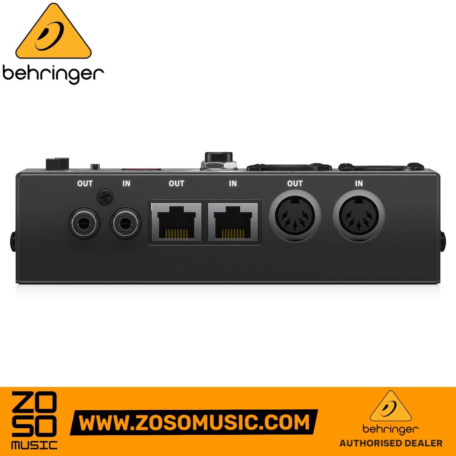 Zoso Music Behringer CT200 8-in-1 cable tester showing TRS, RJ45, and MIDI ports on the black metal chassis.