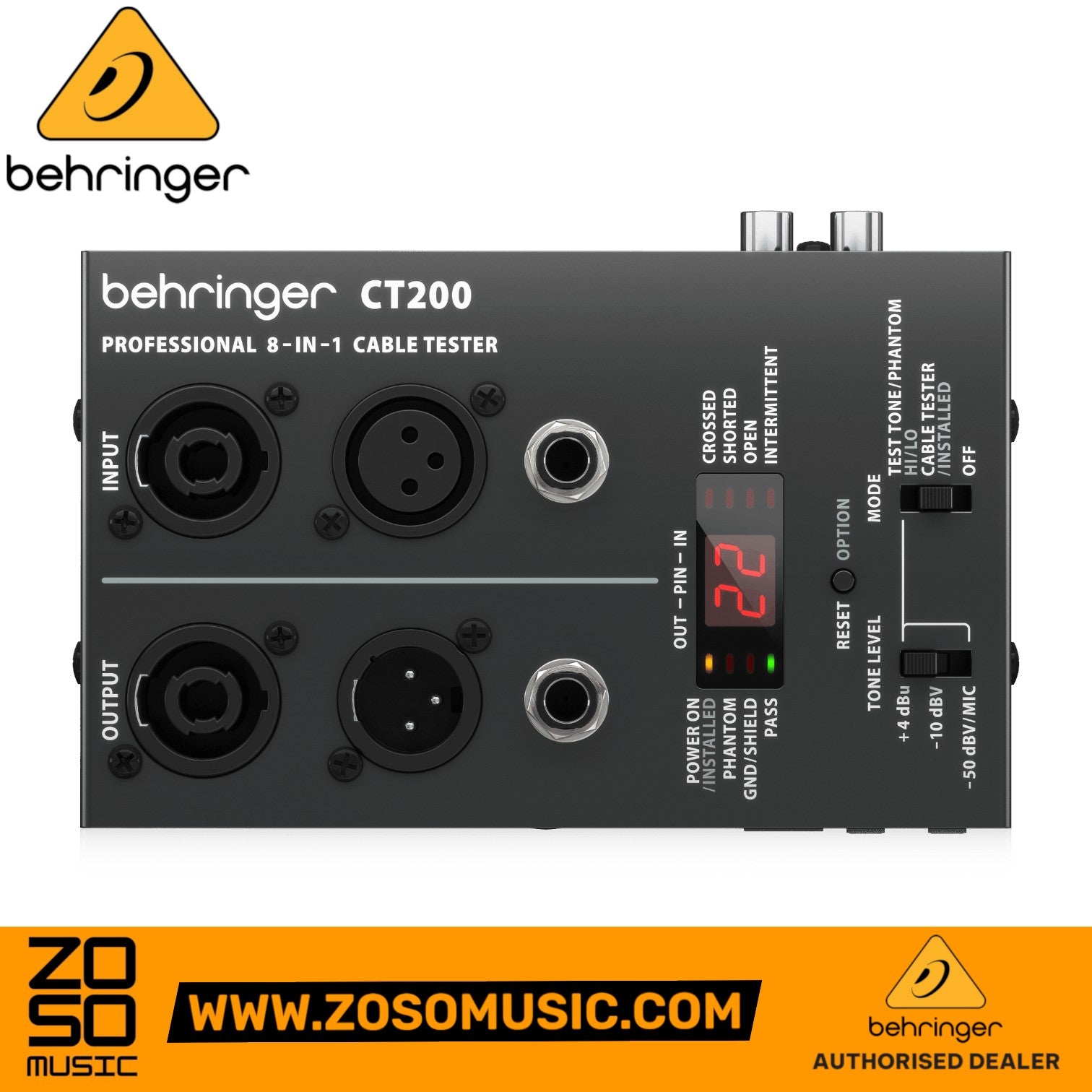 Zoso Music Behringer CT200 8-in-1 cable tester with LED display and multiple audio and data input ports