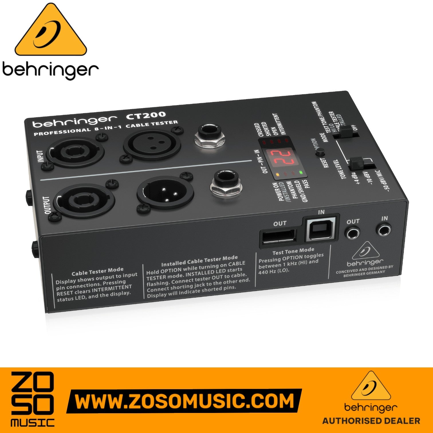 Zoso Music Behringer CT200 8-in-1 cable tester with LED display and multiple audio and data connector ports