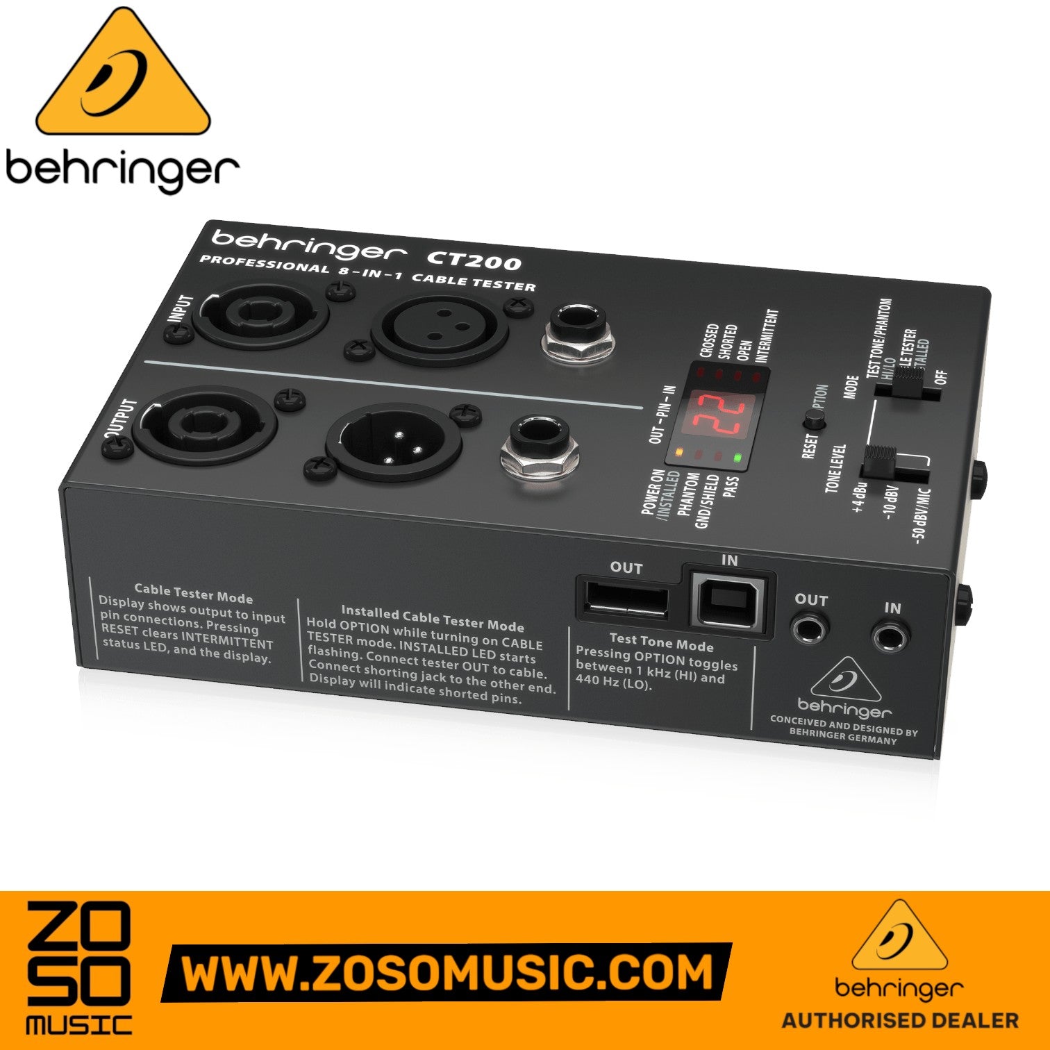 Zoso Music Behringer CT200 8-in-1 cable tester with multiple audio and data ports and digital LED display