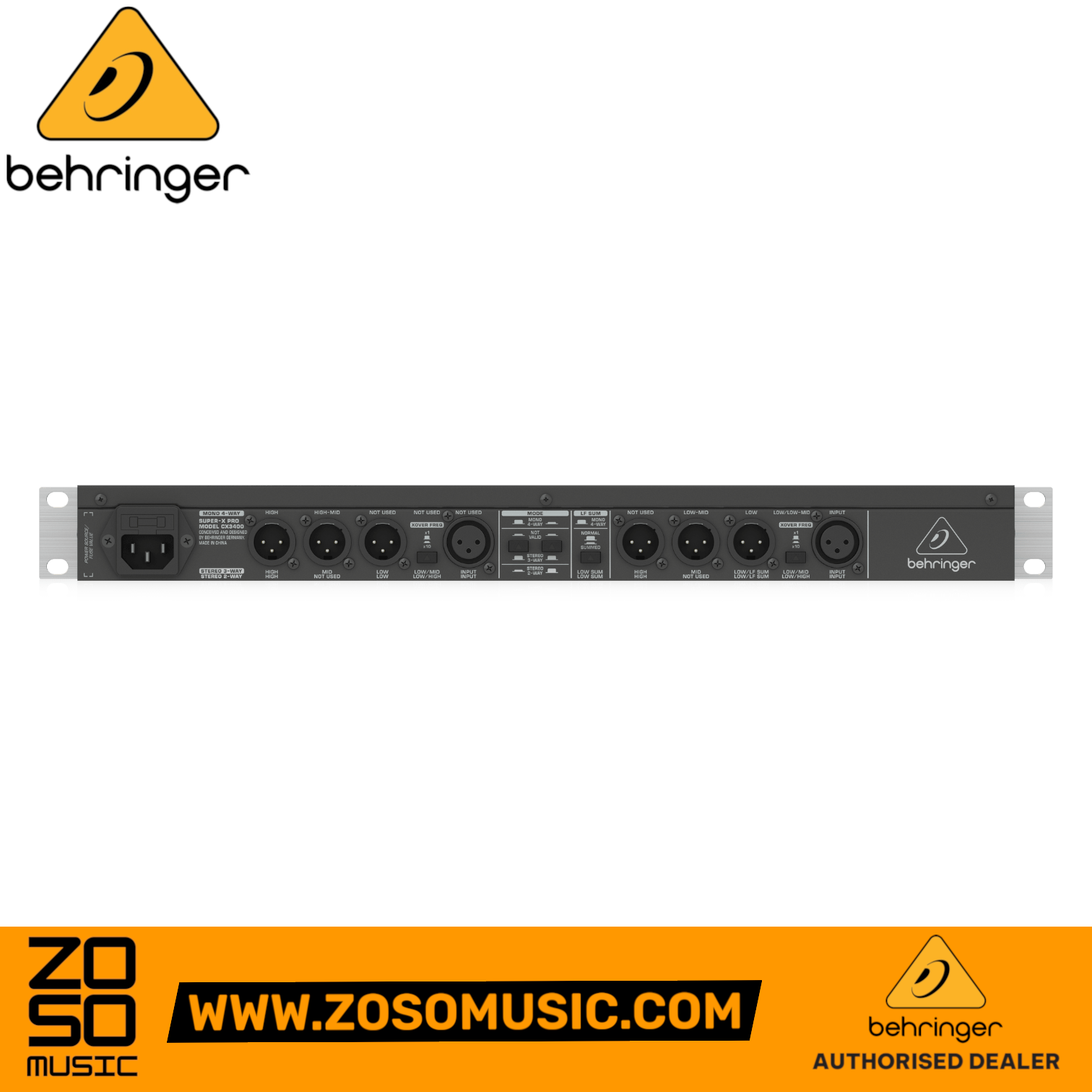 Rear panel of the Zoso Music Behringer Super-X Pro CX3400 V2 crossover featuring XLR inputs and outputs.