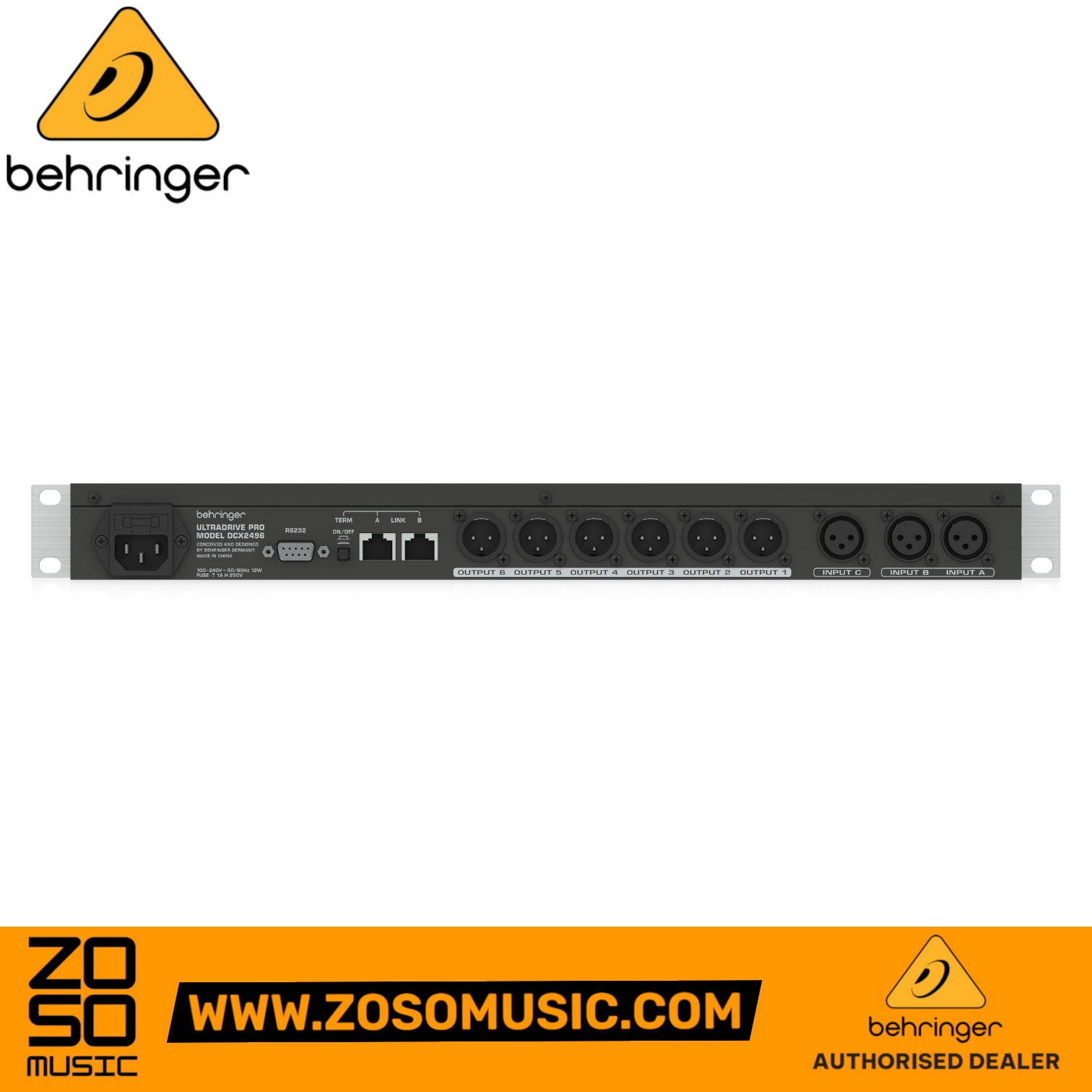 Zoso Music Behringer Ultra-Drive Pro DCX2496 rear panel view showing XLR inputs, outputs, and RS232 connectivity.