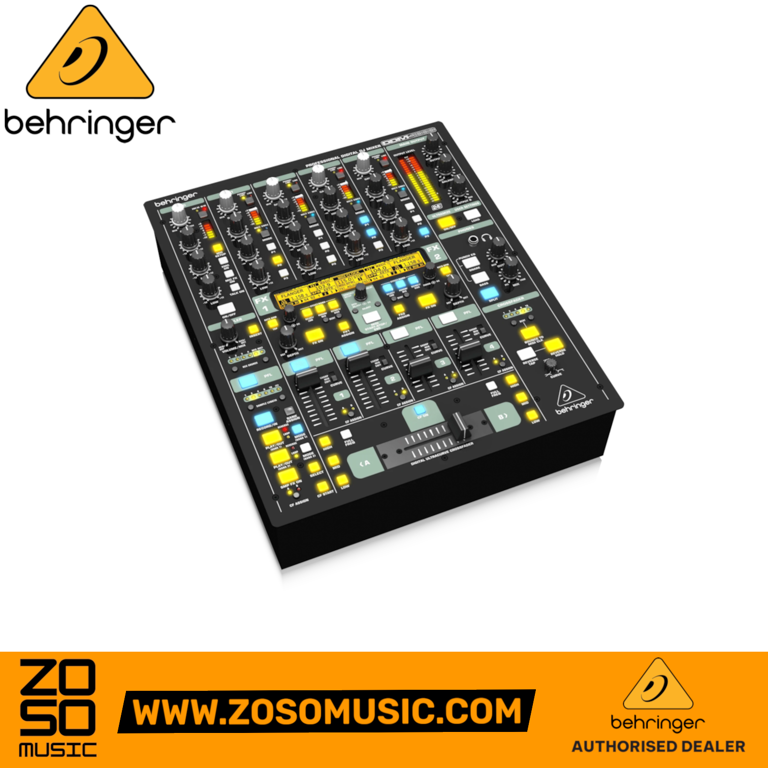 Zoso Music Behringer DDM4000 5-channel digital DJ mixer with multi-FX, BPM counters, and MIDI control.