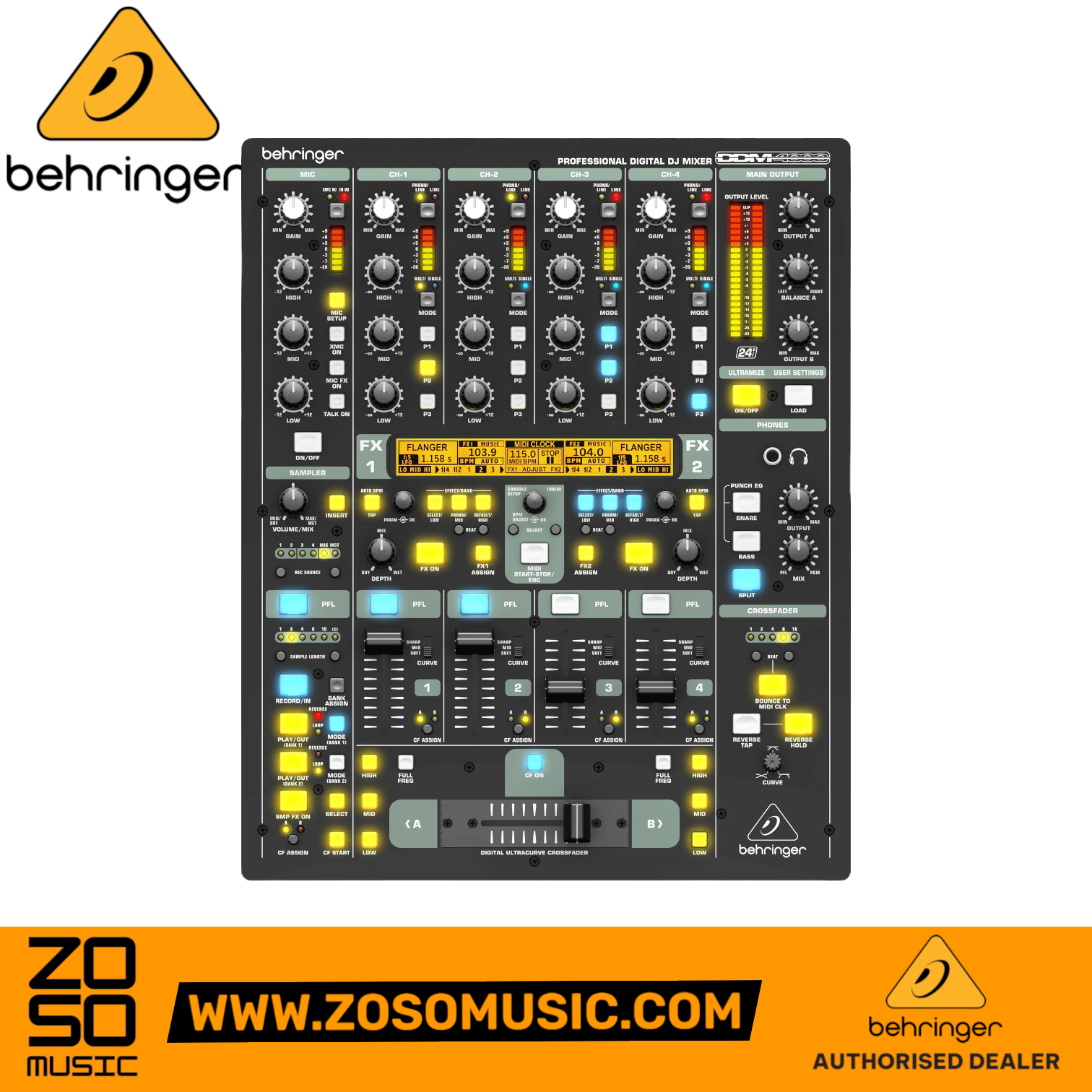 Zoso Music Behringer DDM4000 5-channel digital DJ mixer with multi-FX, BPM counters, and MIDI control in black.
