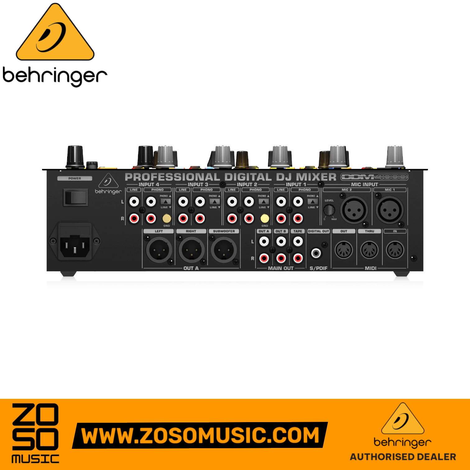 Rear panel of the Zoso Music Behringer DDM4000 5-channel digital DJ mixer showing various audio and MIDI inputs