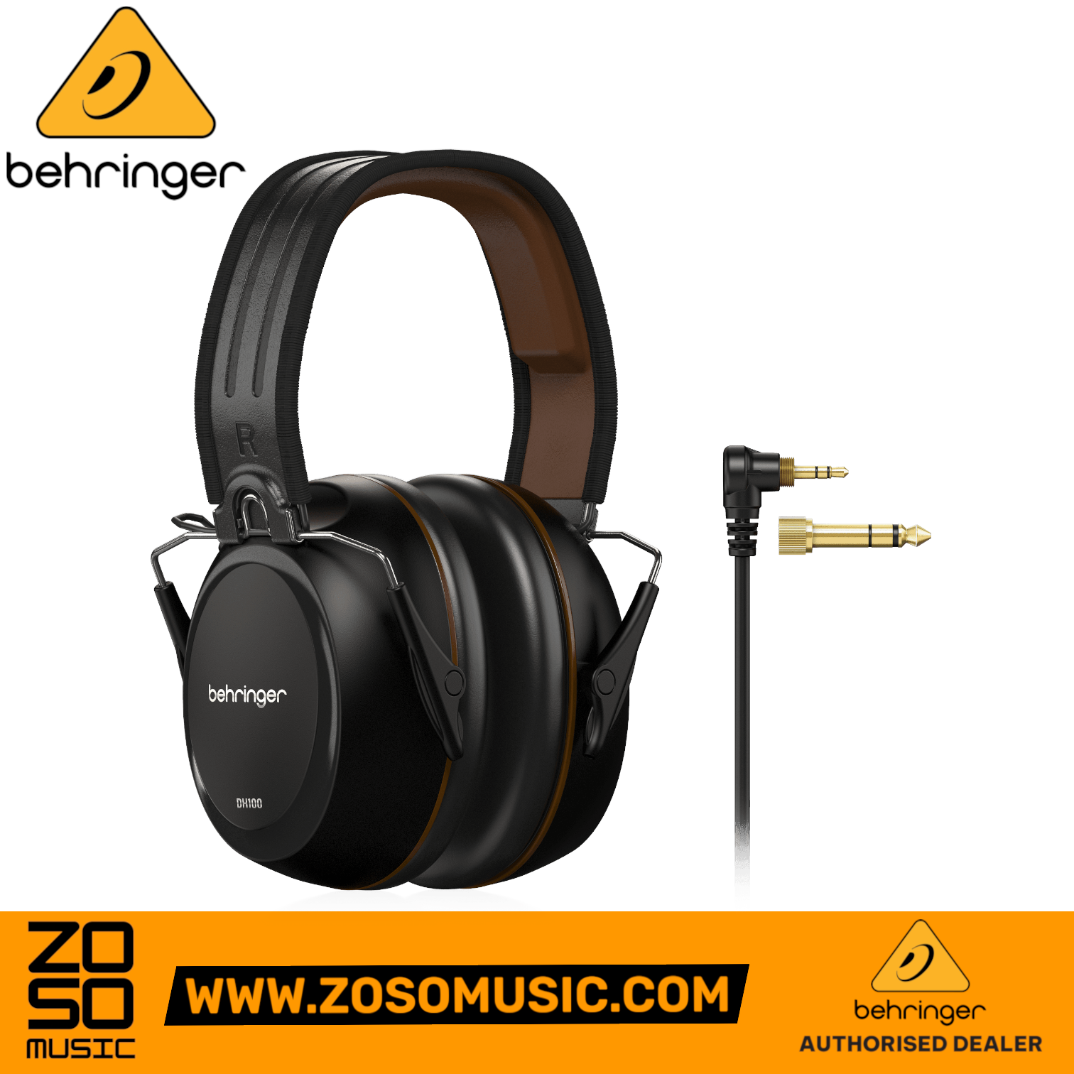 Zoso Music Behringer DH100 closed-back professional drummer headphones with coiled cable and gold-plated adapter