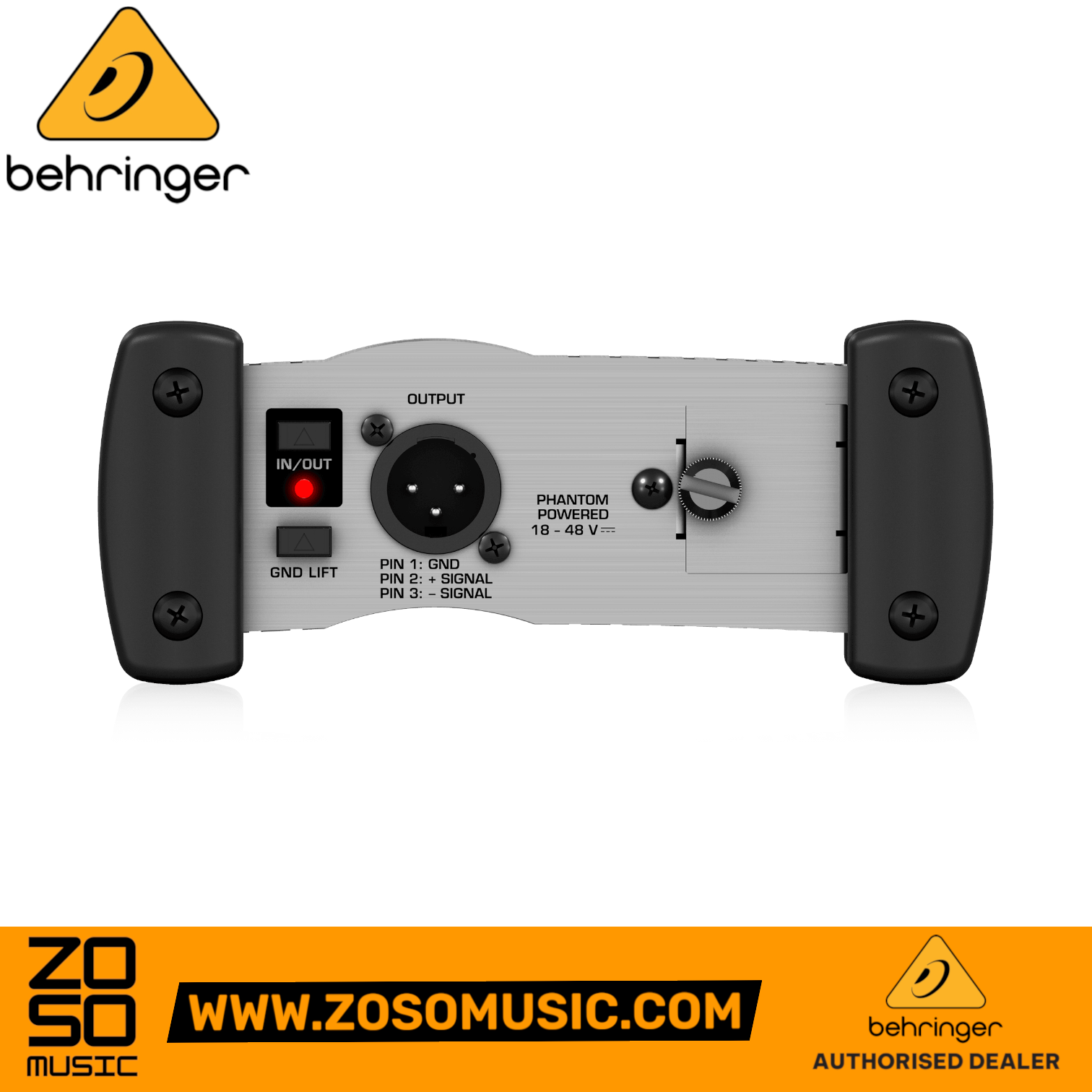 Zoso Music Behringer Ultra-DI DI100 active direct box showing the rear panel with XLR output and ground lift switch.