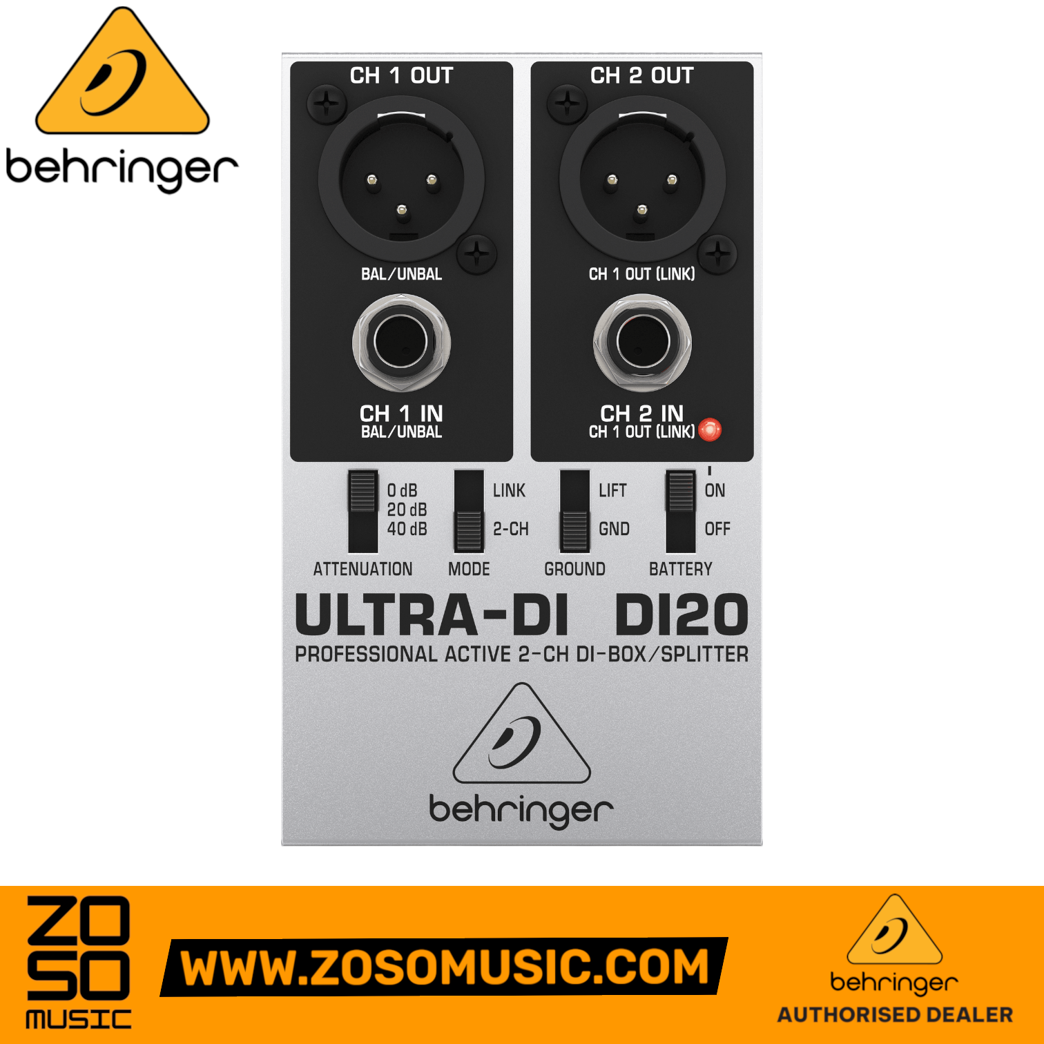 Zoso Music Behringer Ultra-DI DI20 2-channel active direct box and signal splitter with XLR and TRS inputs