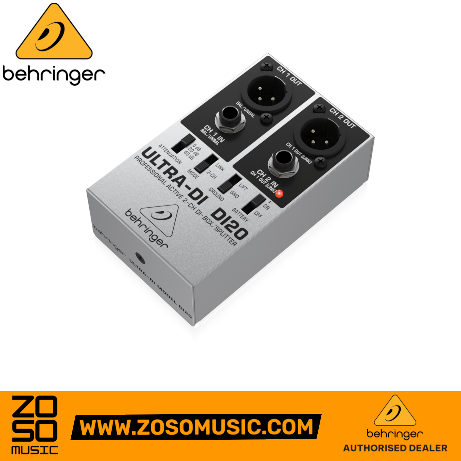 Zoso Music Behringer Ultra-DI DI20 2-channel active direct box and signal splitter in a rugged silver metal housing.