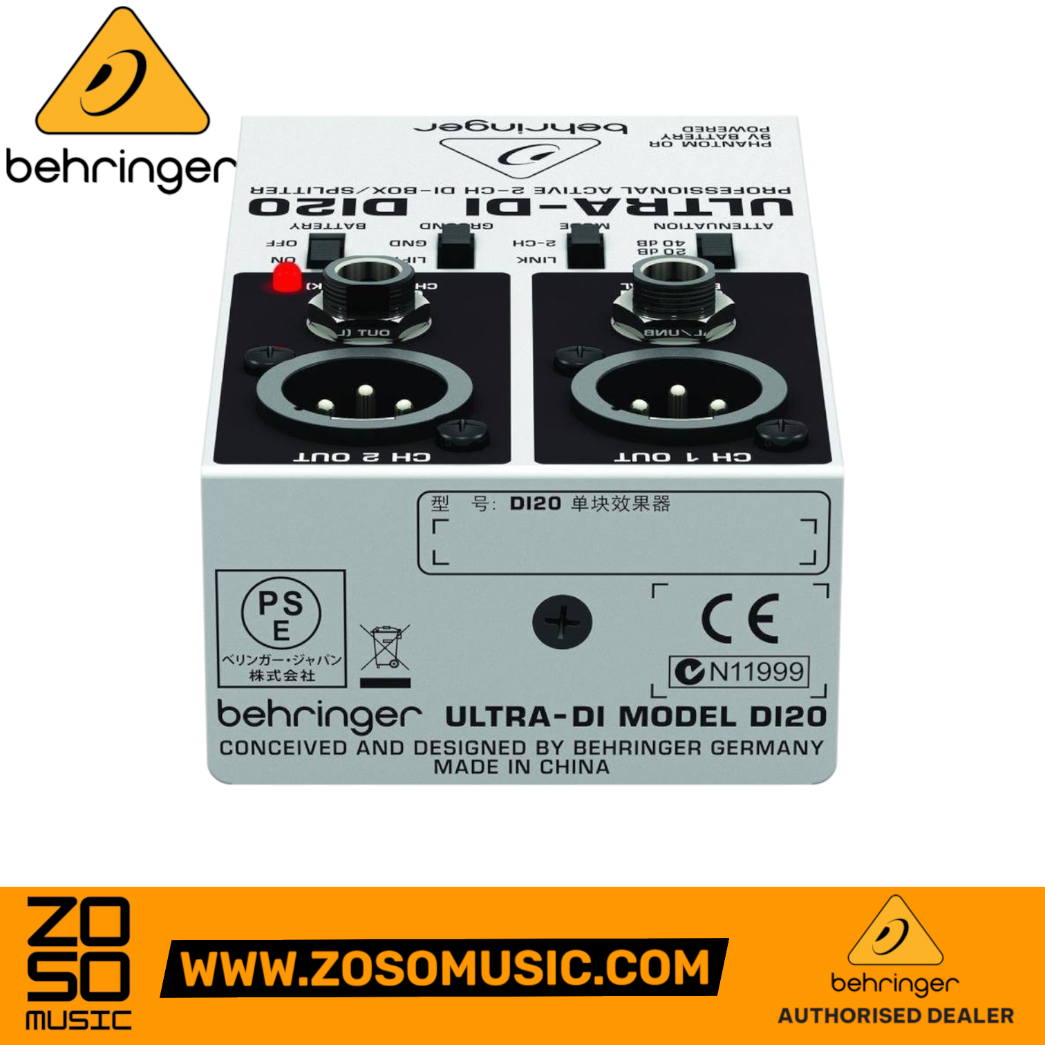 Zoso Music Behringer Ultra-DI DI20 2-channel active direct box and signal splitter in a rugged metal housing.