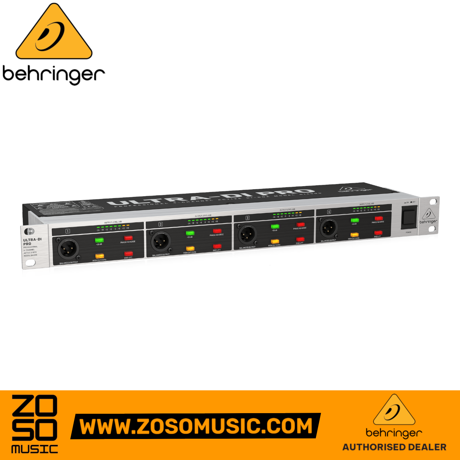 Zoso Music Behringer DI4000 V2 4-channel active rackmount DI box with LED level meters and illuminated switches