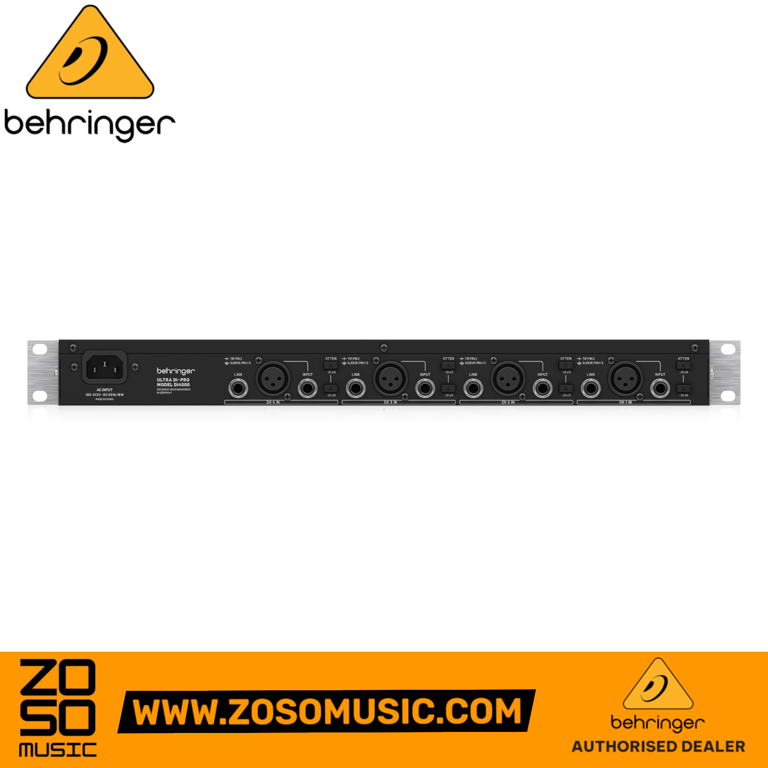 Zoso Music Behringer DI4000 V2 4-channel active rackmount DI box with XLR and TRS inputs and illuminated switches