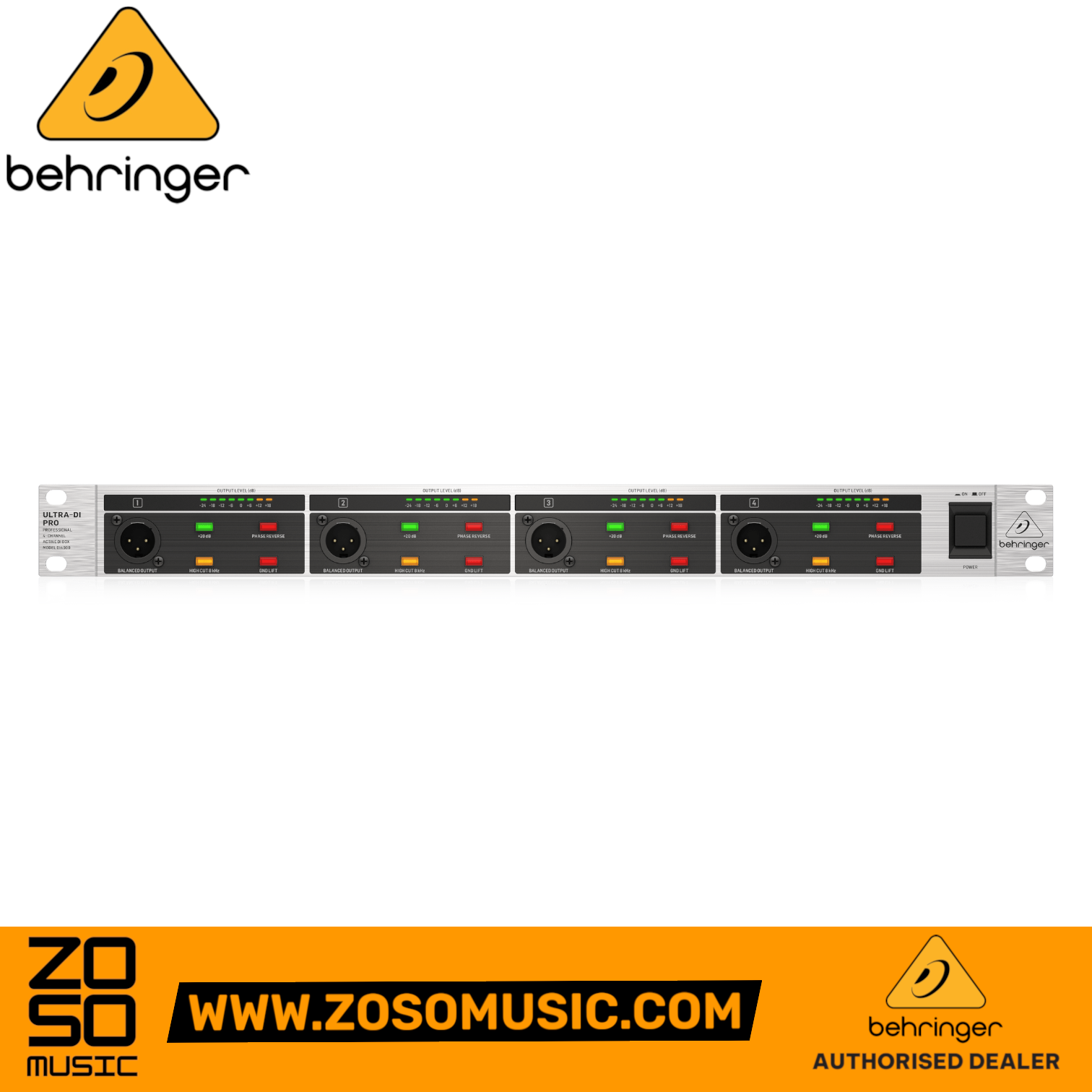 Zoso Music Behringer DI4000 V2 4-channel rackmount active DI box with LED level meters and illuminated switches