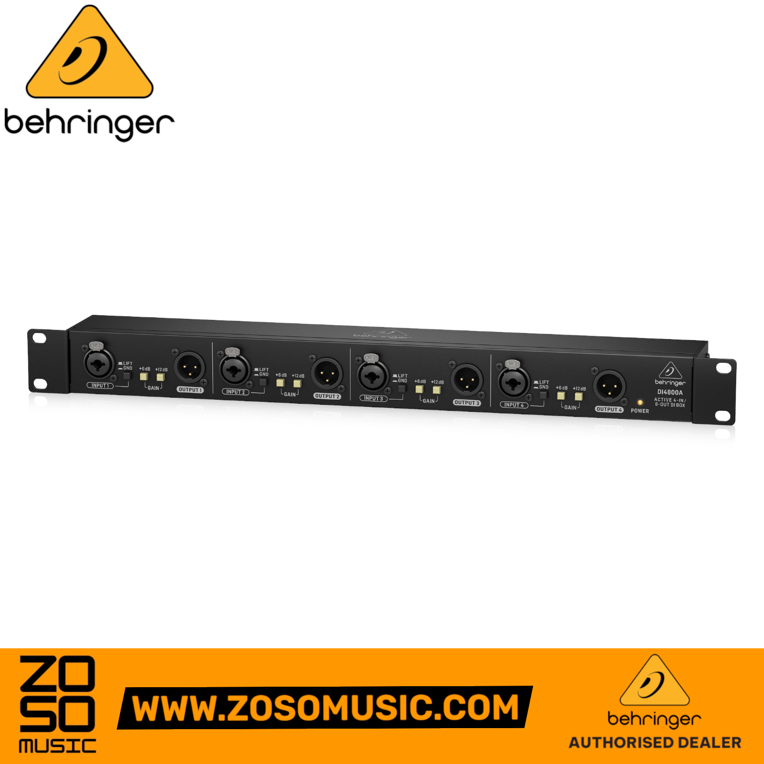 Zoso Music Behringer DI4800A 4-channel active rackmount DI box with gain boost and ground lift switches
