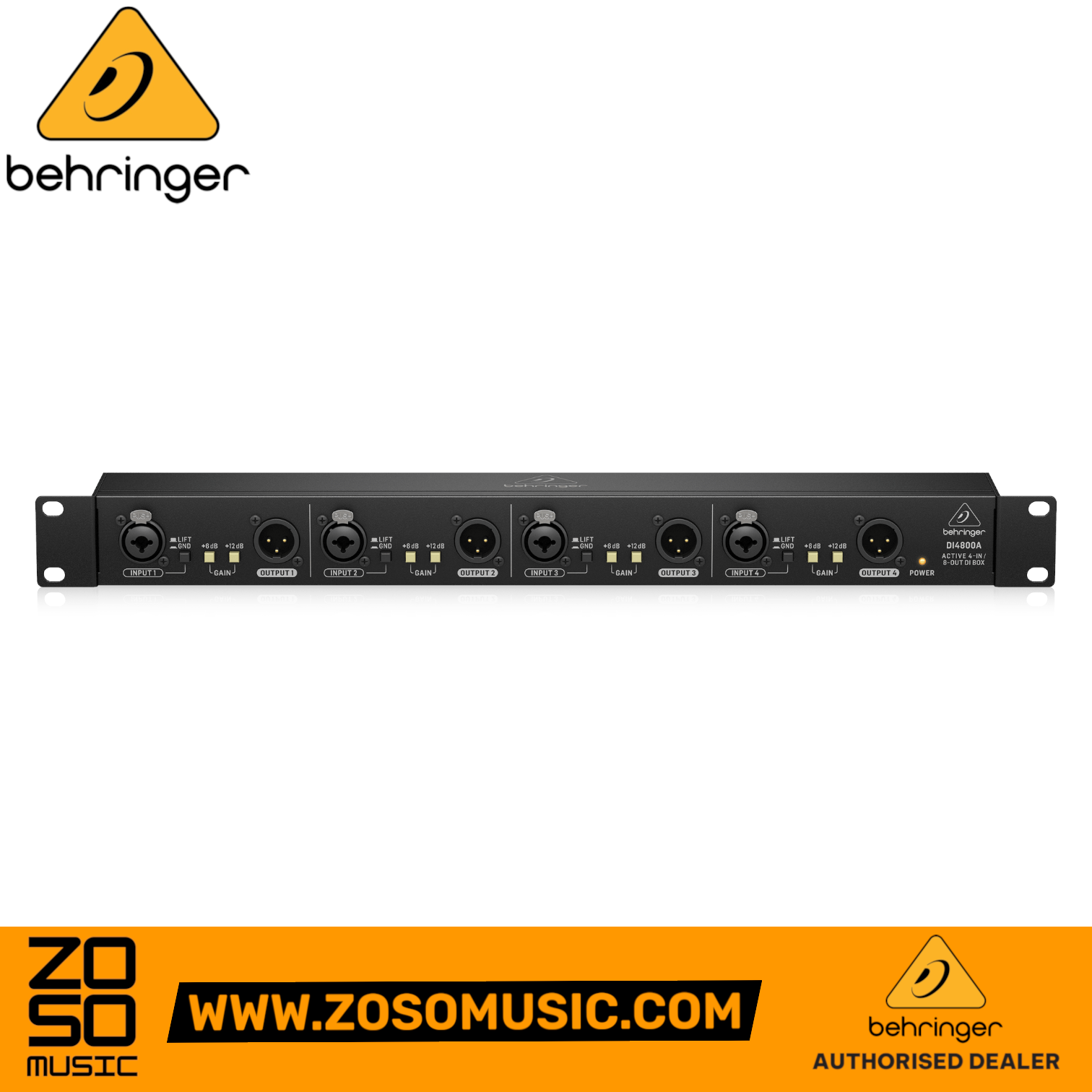 Zoso Music Behringer DI4800A 4-channel active rackmount DI box with gain boost and ground lift switches