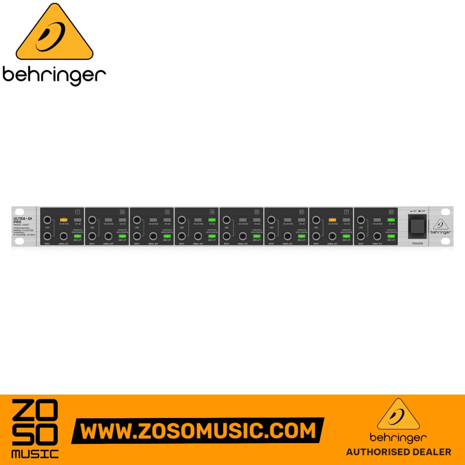 Zoso Music Behringer Ultra-DI Pro DI800v2 8-channel rackmount active direct box with illuminated control switches