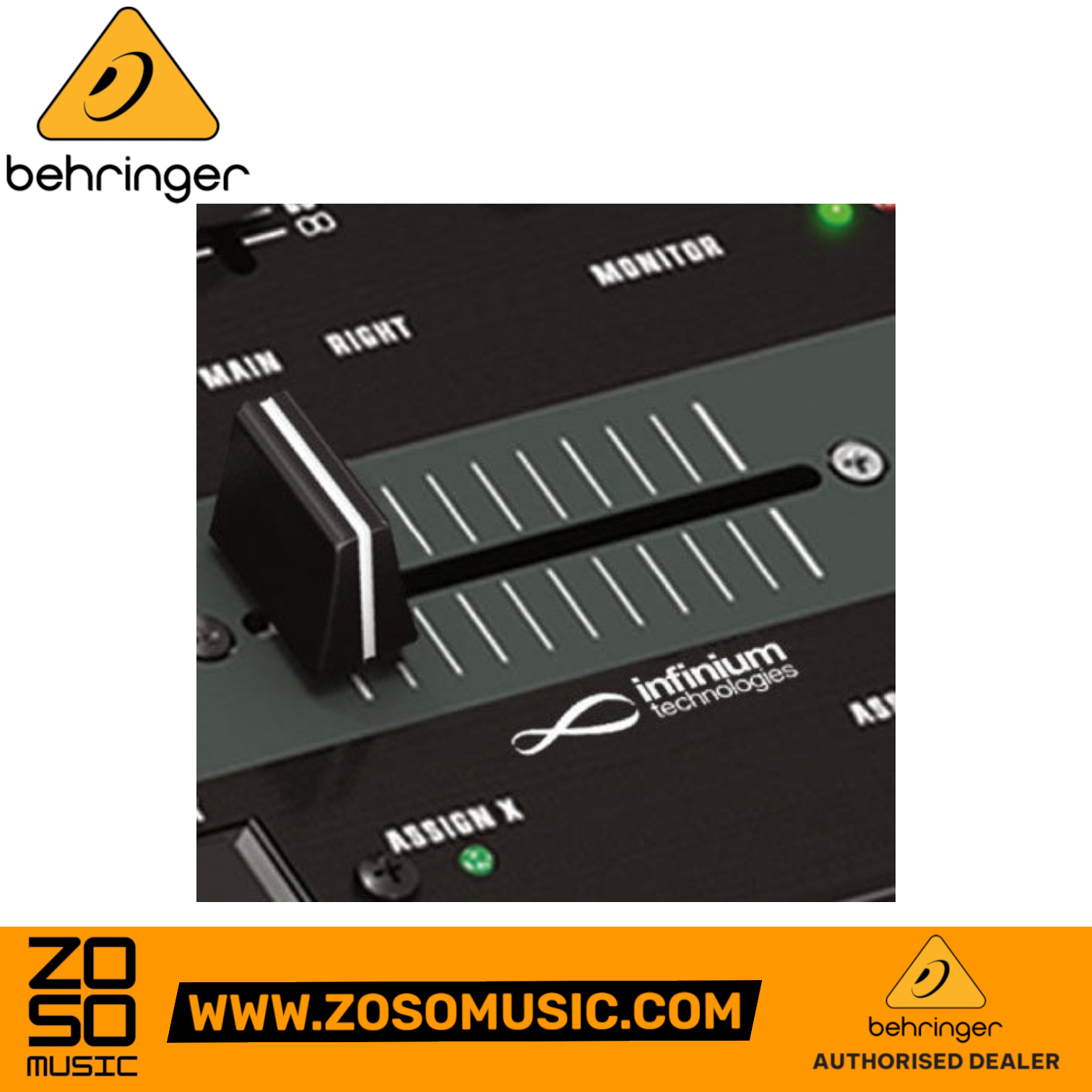 Zoso Music Behringer Pro Mixer DX2000USB close-up of the infinium contact-free optical crossfader control